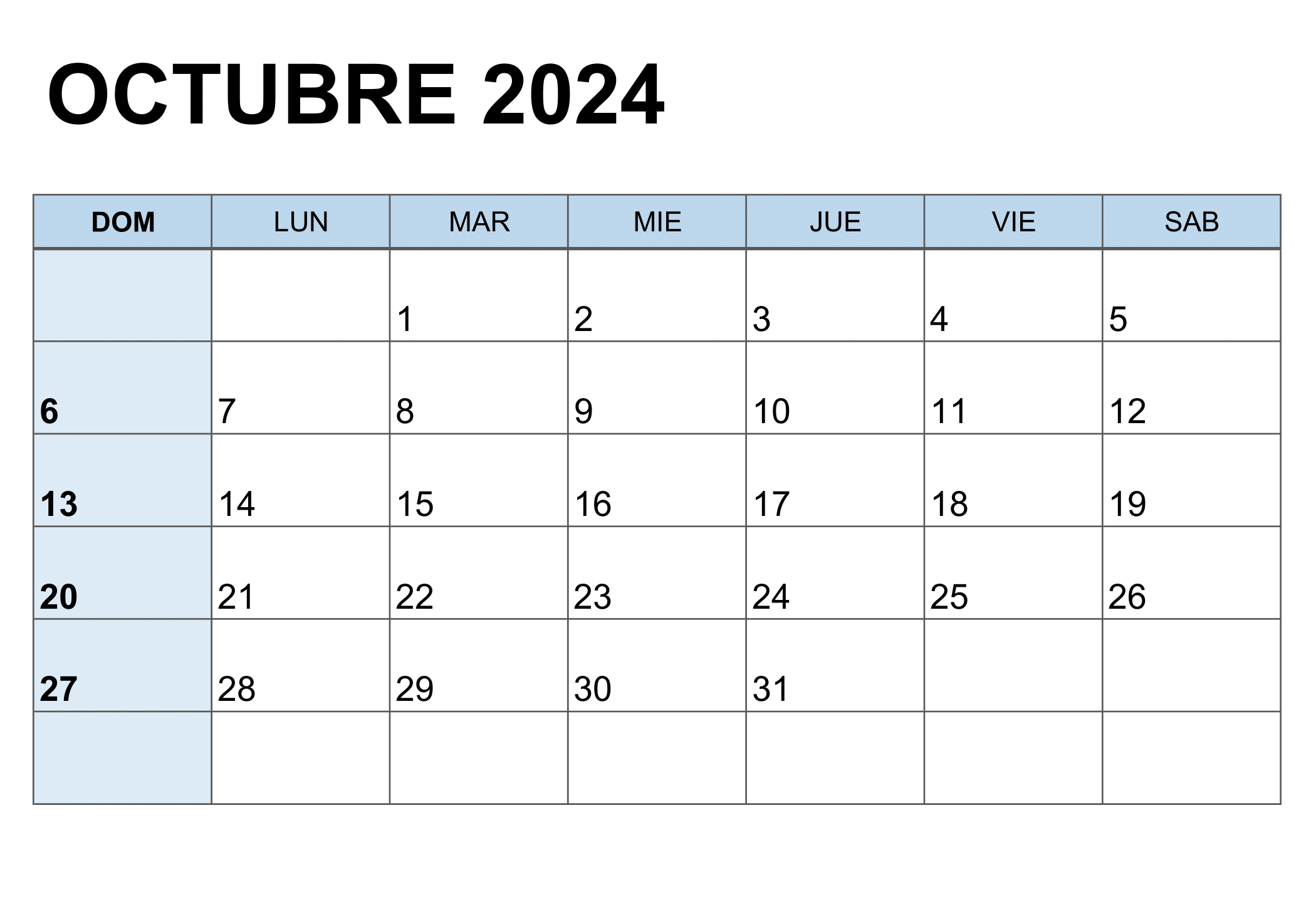Imagen del calendario de octubre de 2024
