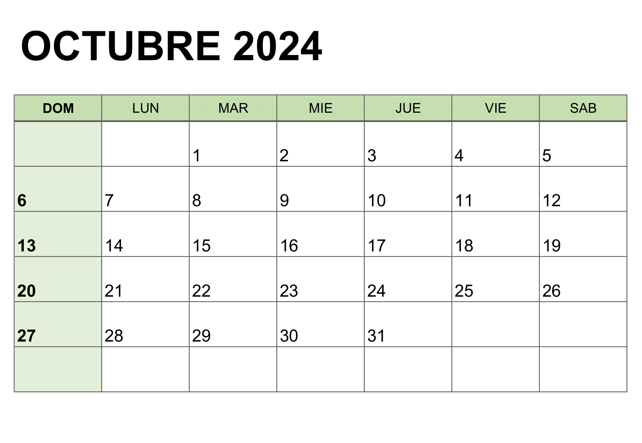 Ilustración del calendario para el mes de octubre de 2024