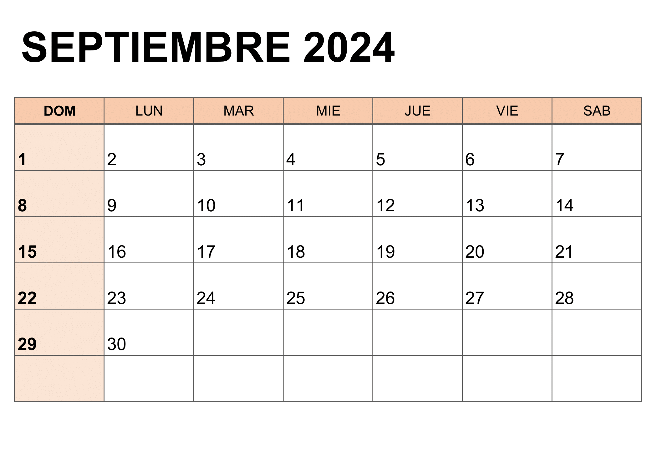 Descripción visual del calendario correspondiente al mes de septiembre de 2024