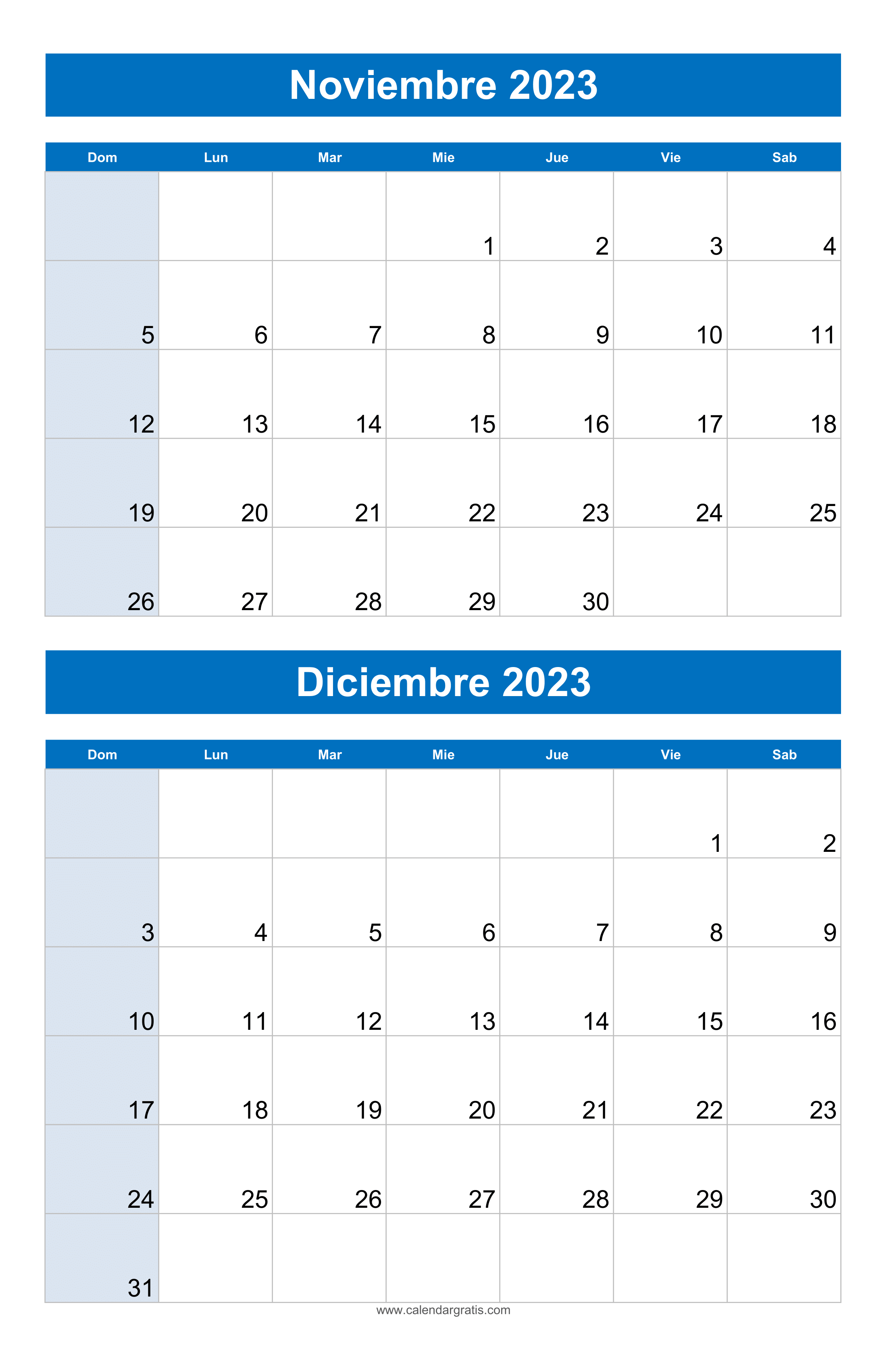 Plantillas de calendario para noviembre y diciembre 2023 