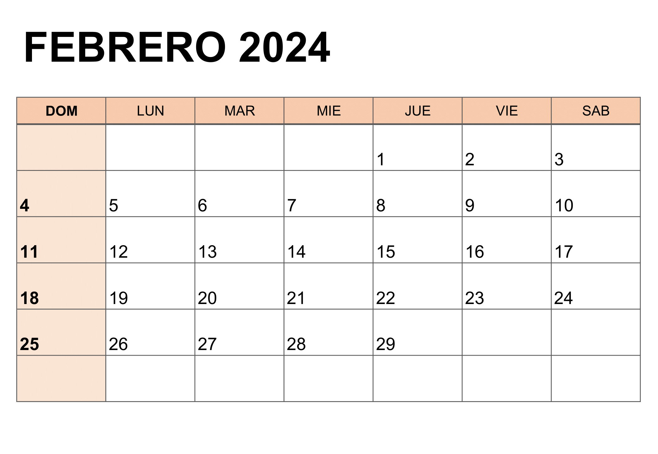 Calendario febrero 2024 para imprimir