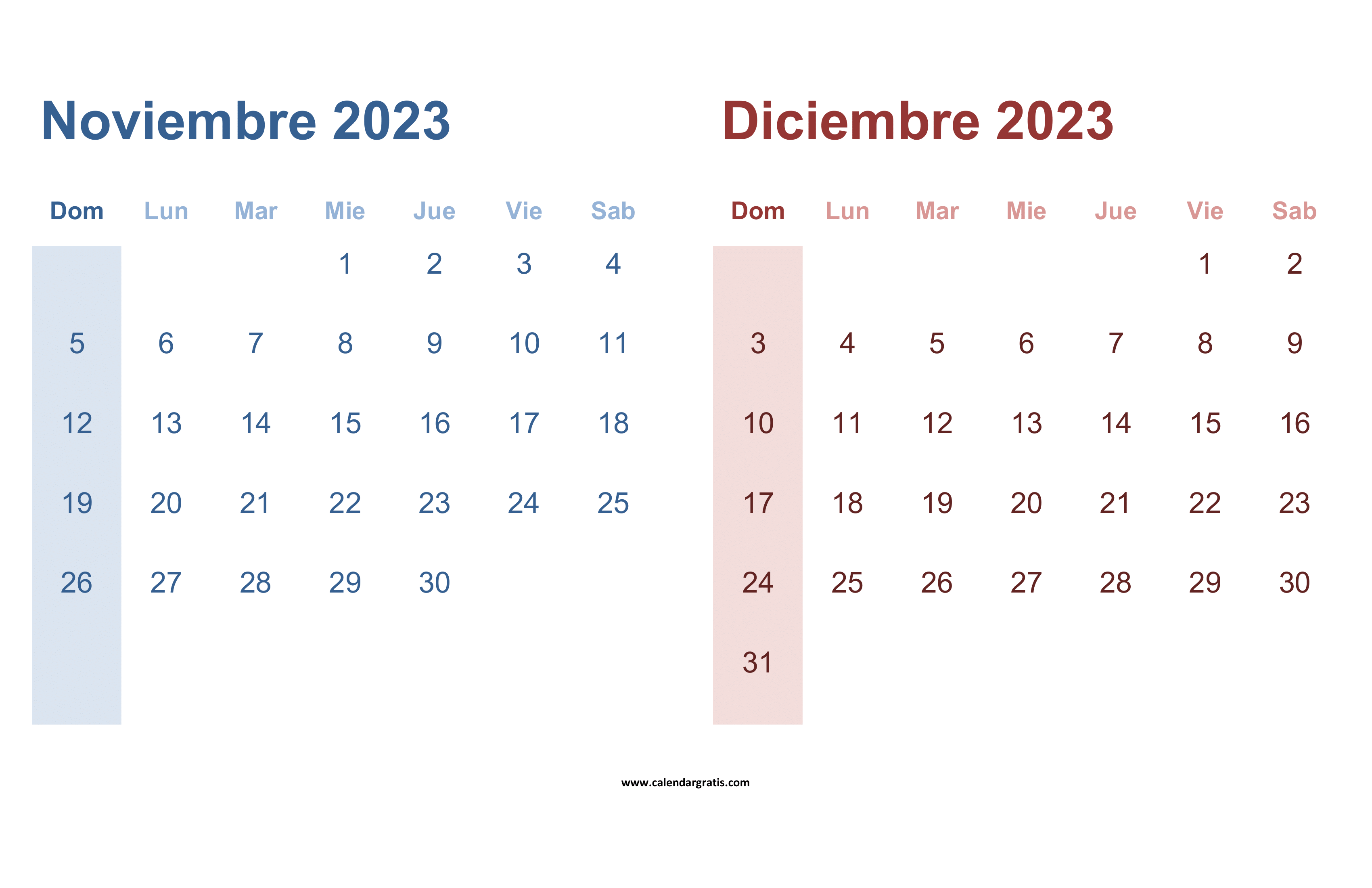 Calendario imprimible de noviembre y diciembre 2023 para descargar