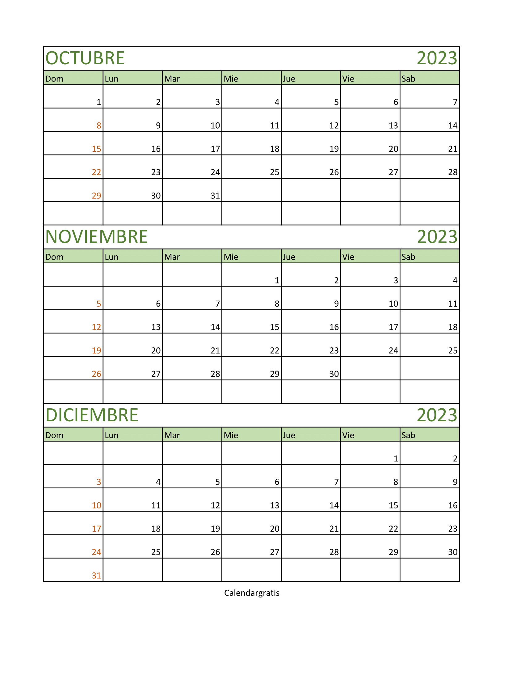 Planificador para los meses de octubre, noviembre y diciembre de 2023