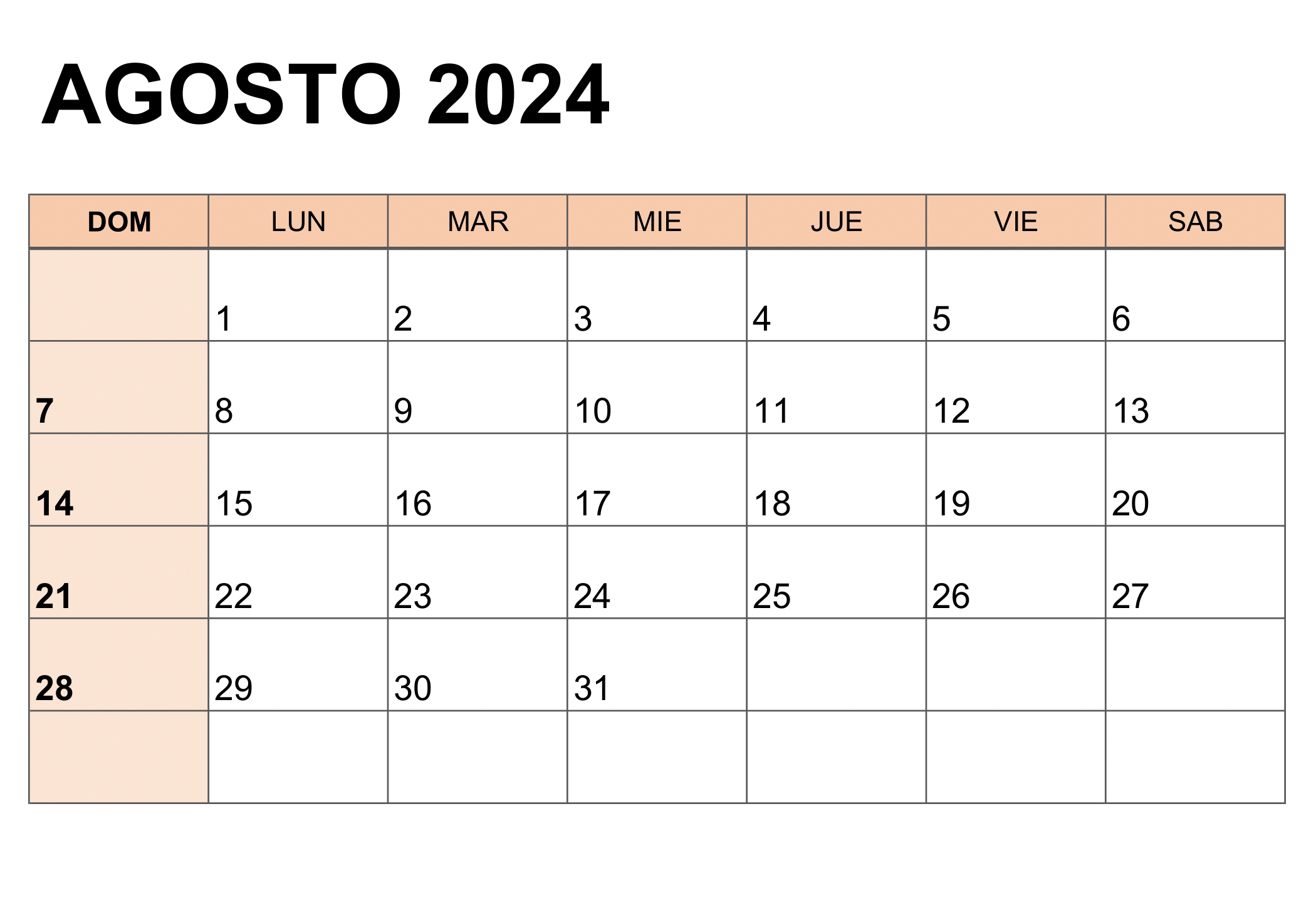 Ilustración del calendario para el mes de agosto de 2024