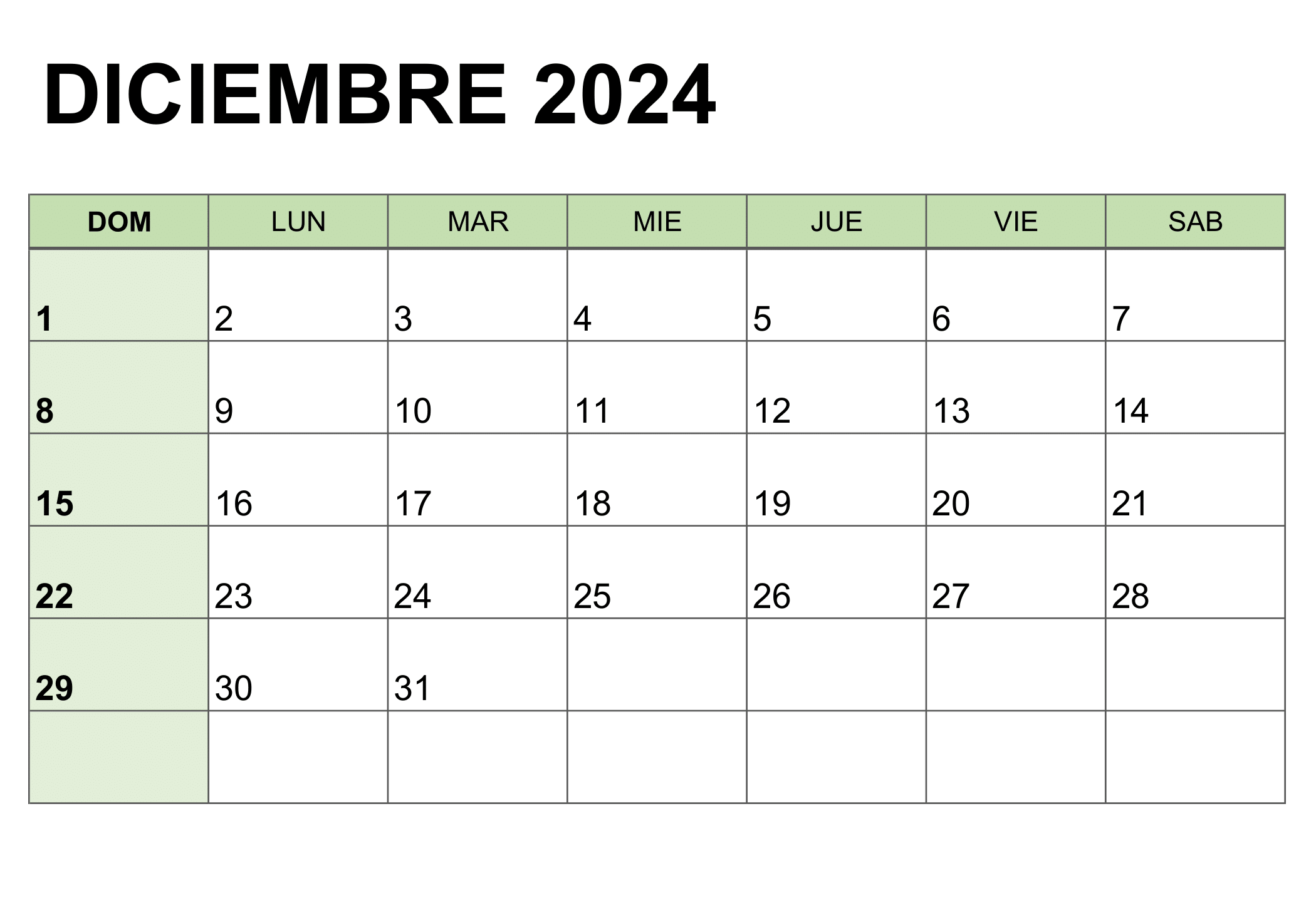 Descripción visual del calendario correspondiente al mes de deciembre de 2024
