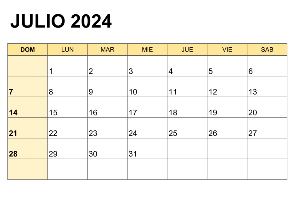 Descripción visual del calendario correspondiente al mes de julio de 2024