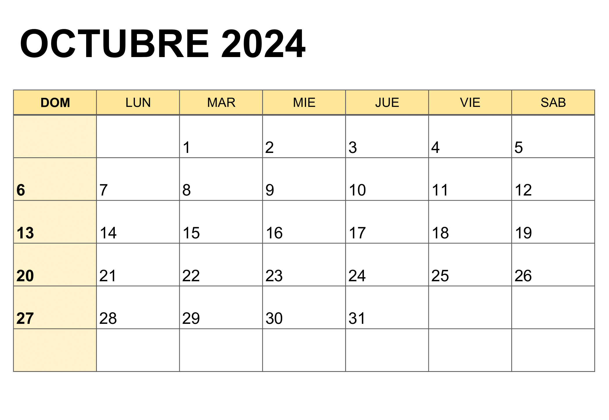 Descripción visual del calendario correspondiente al mes de octubre de 2024