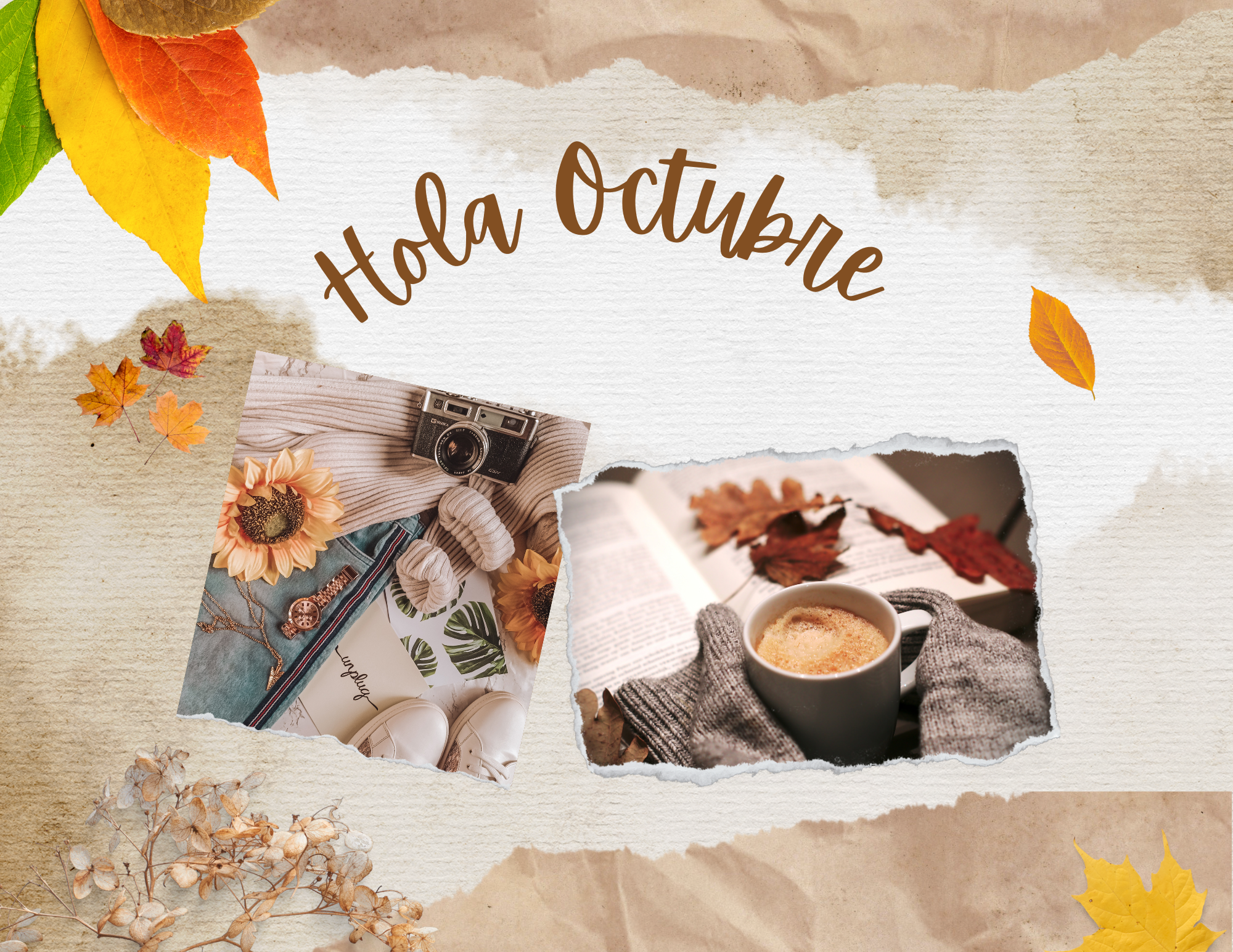 Ilustración de "Hola Octubre" con una taza de café caliente