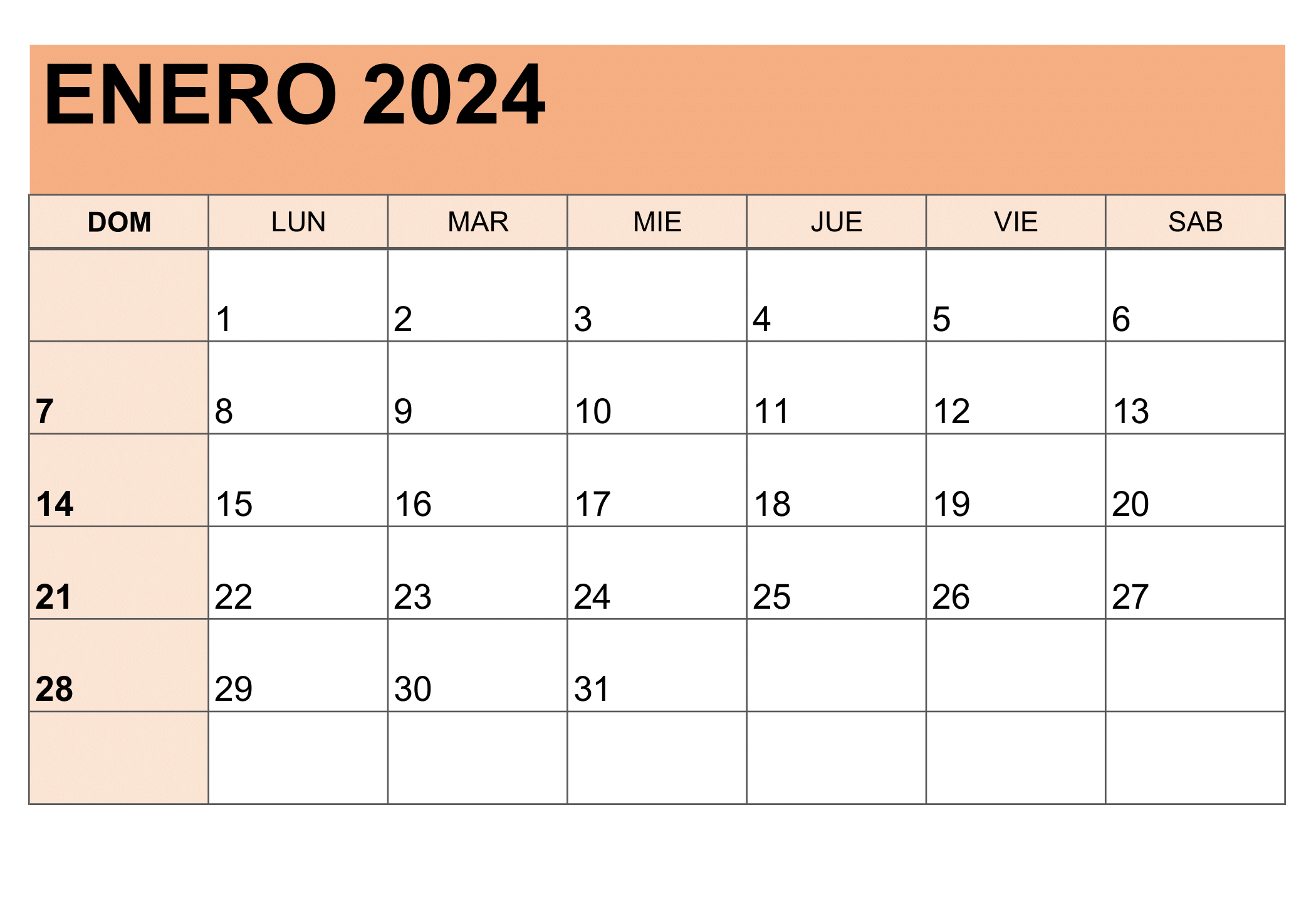 Calendario enero 2024