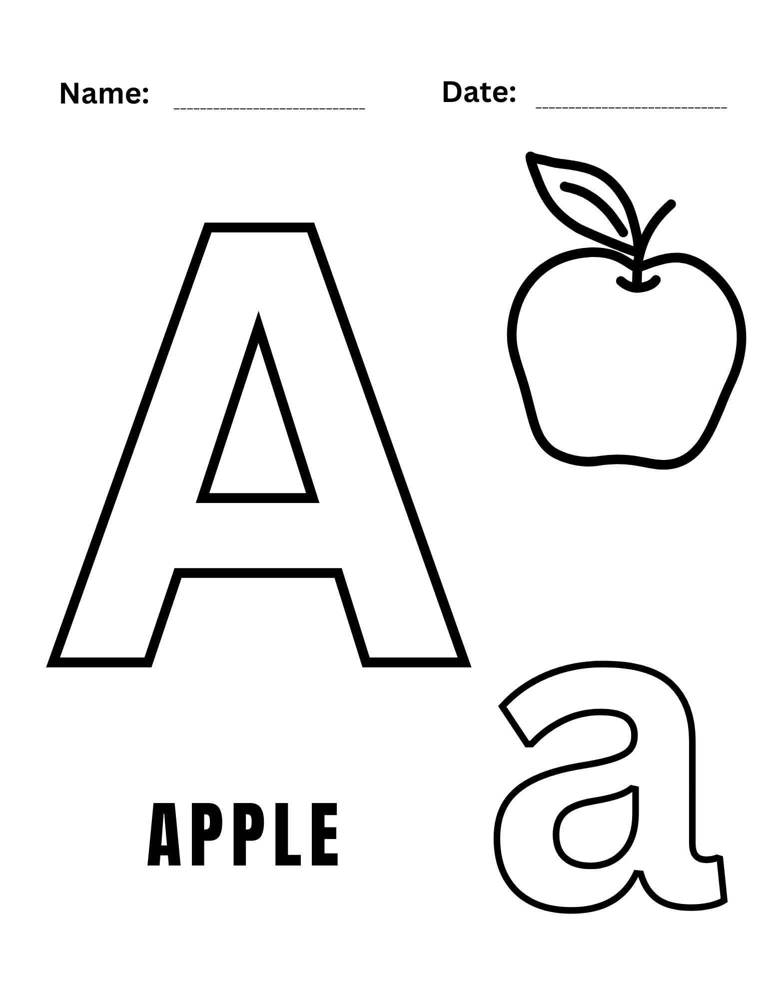 A cute apple surrounded by vibrant colors on an alphabet A coloring pages.