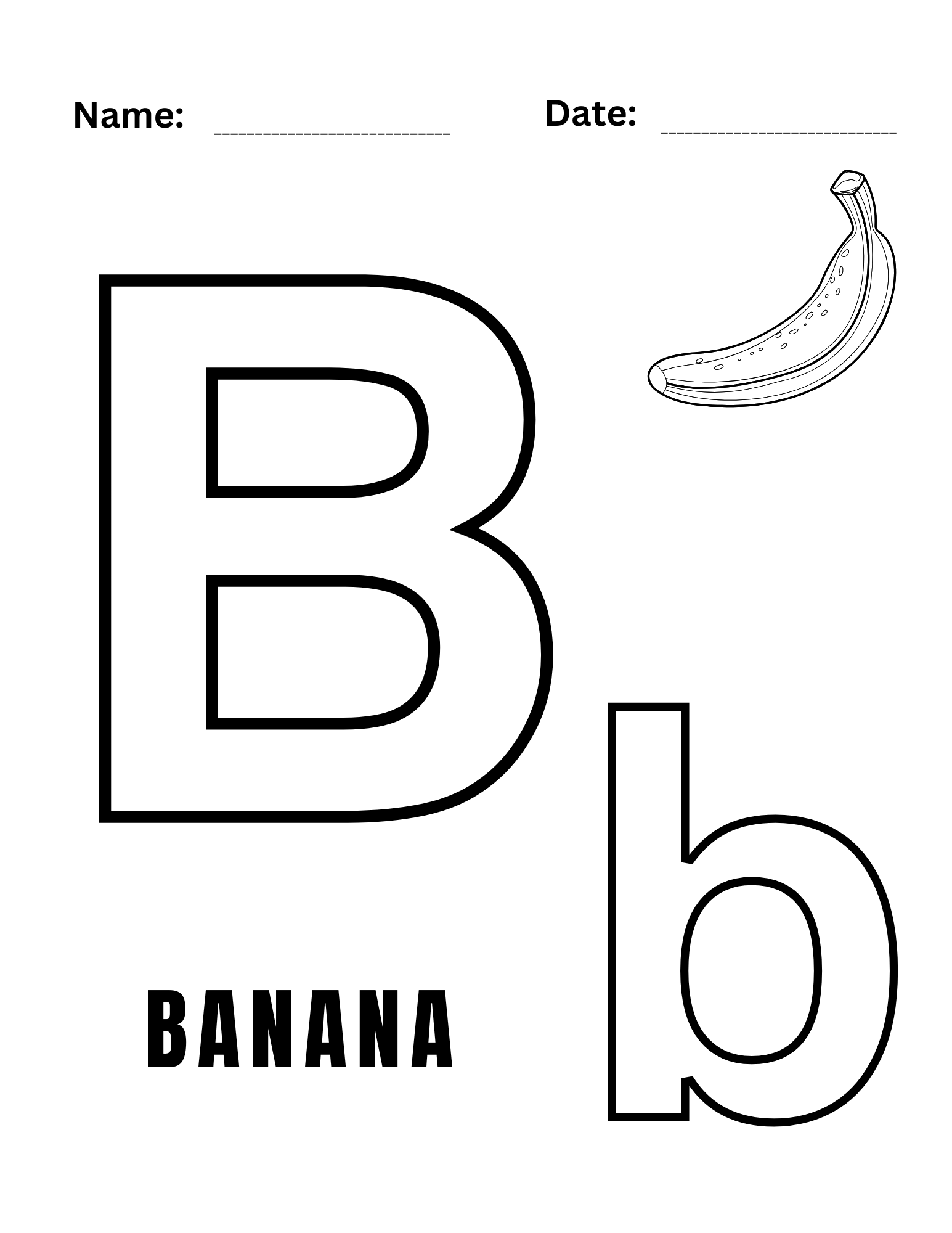 A cute banan surrounded by vibrant colors on an alphabet coloring page.
