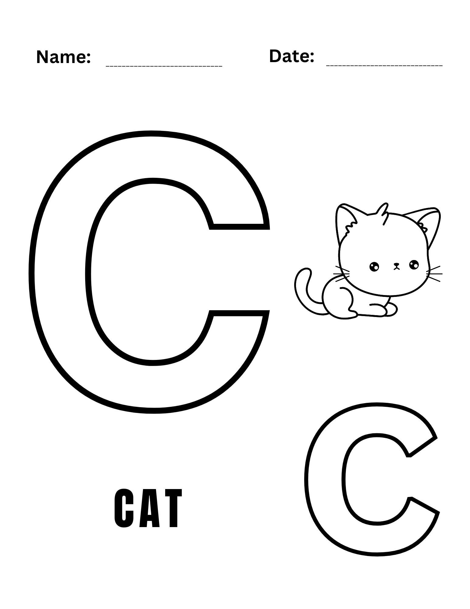 A cute cat sitting on a letter 'C' coloring page