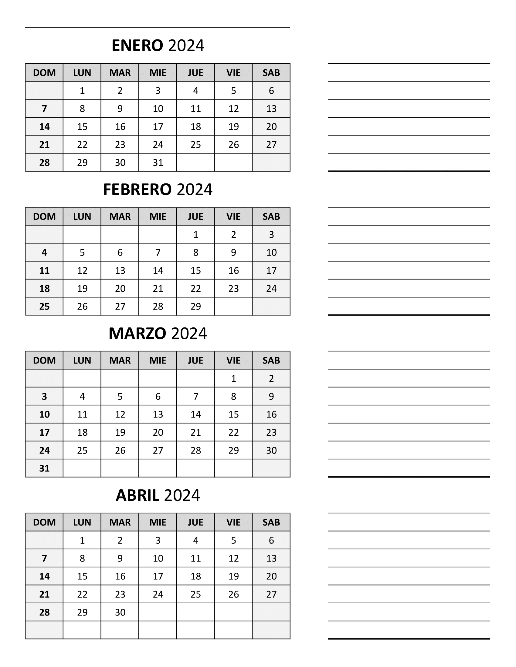 Calendario Enero Febrero Marzo Abril 2024 para imprimir