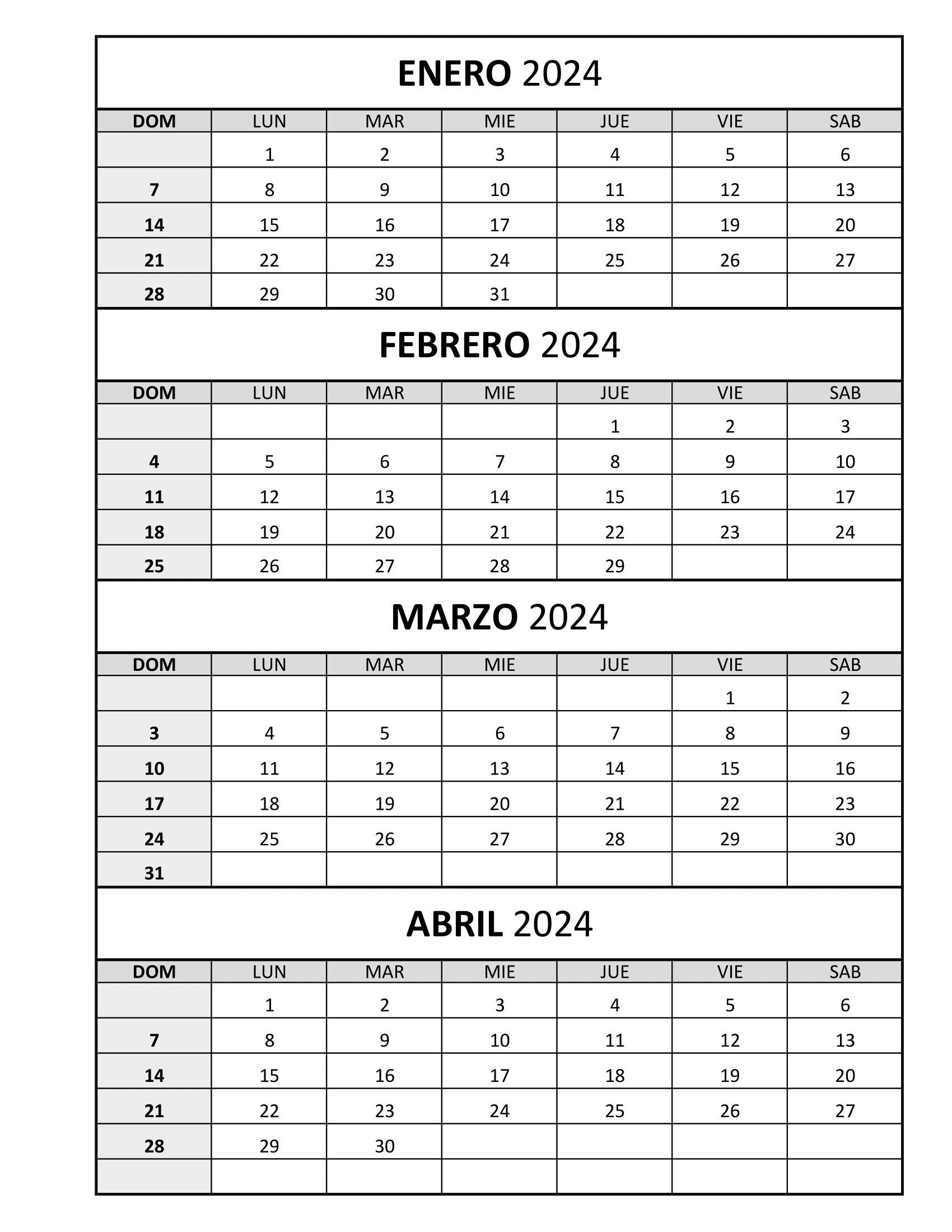 Calendario Enero Febrero Marzo Abril 2024 para imprimir