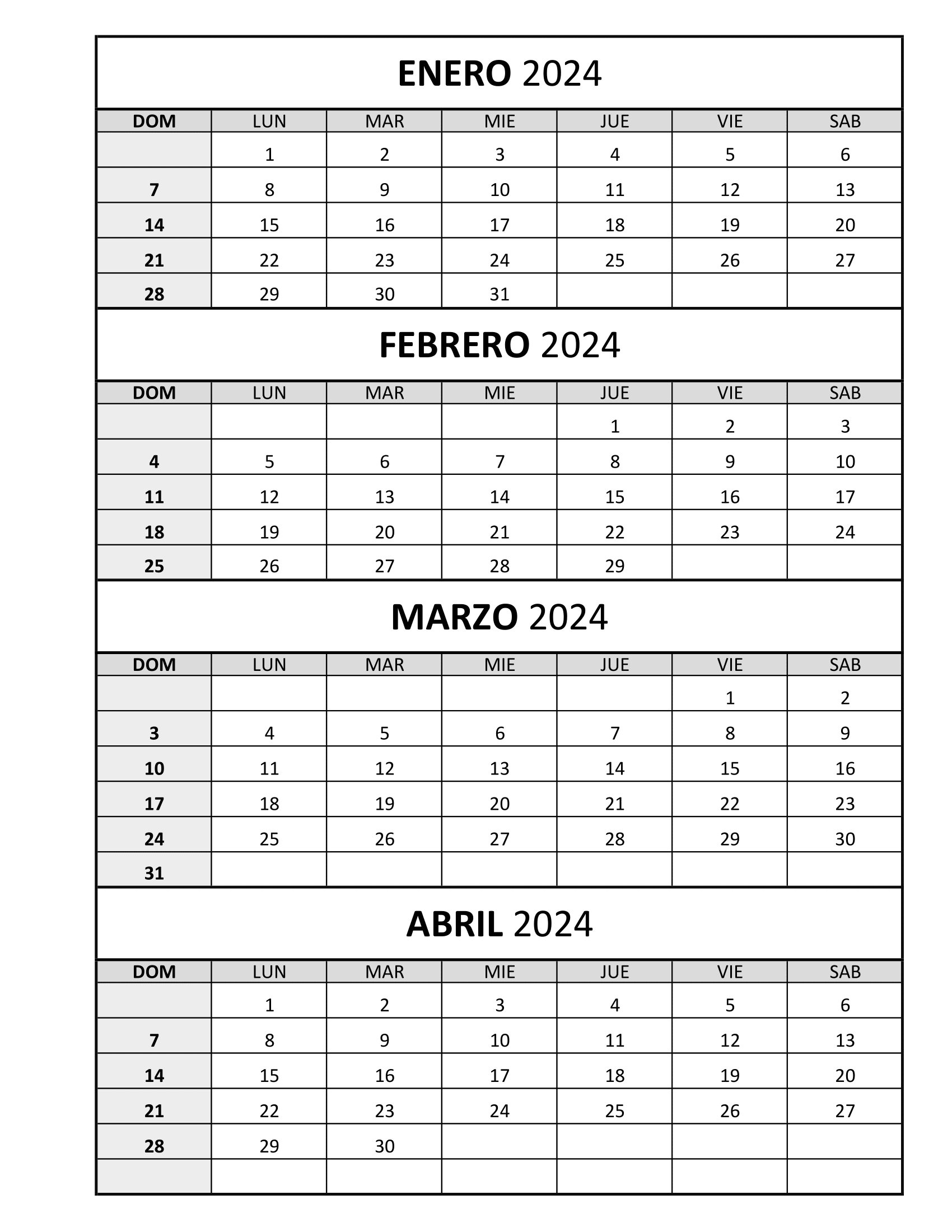 Calendario Enero Febrero Marzo Abril 2024