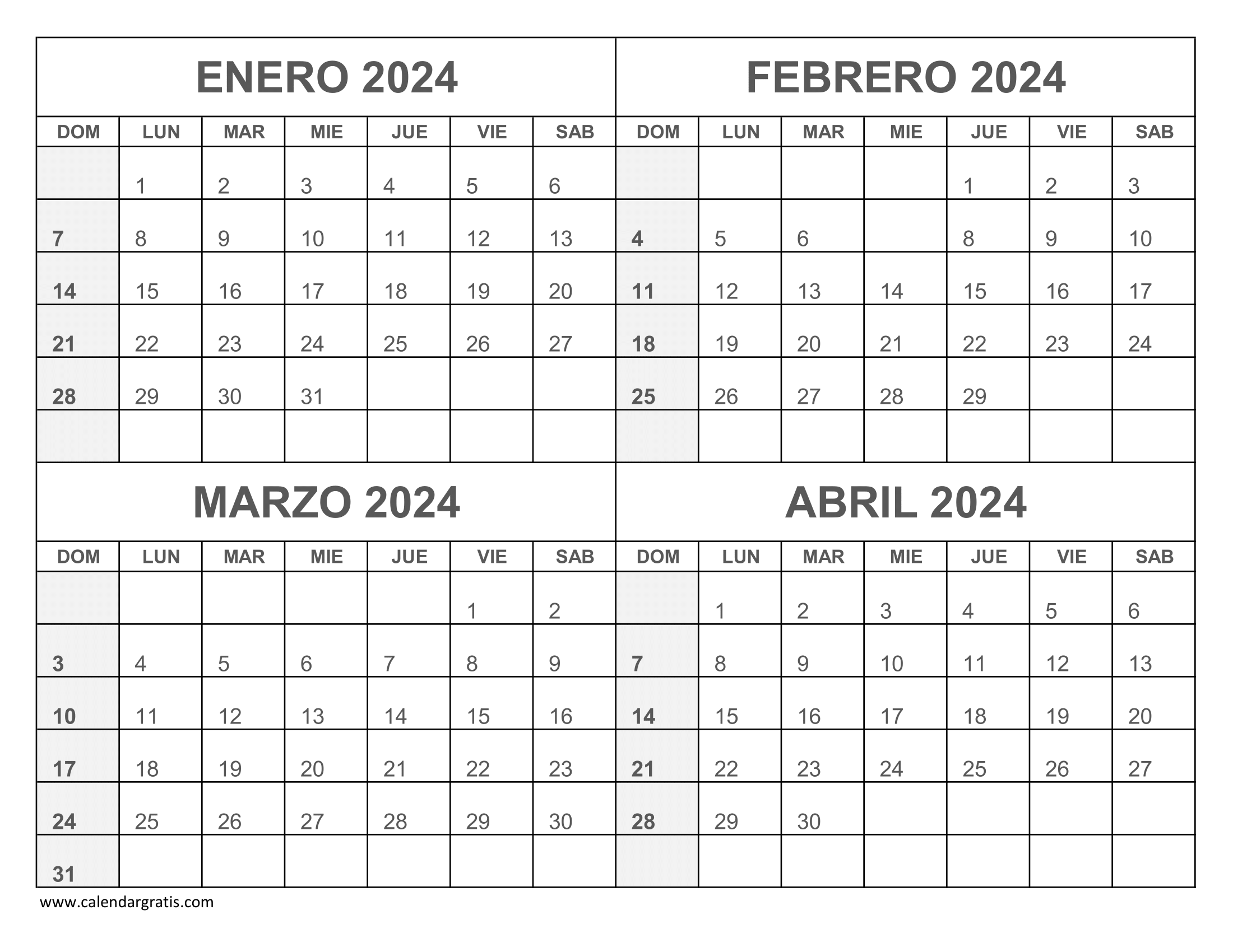 Calendario Enero Febrero Marzo Abril 2024