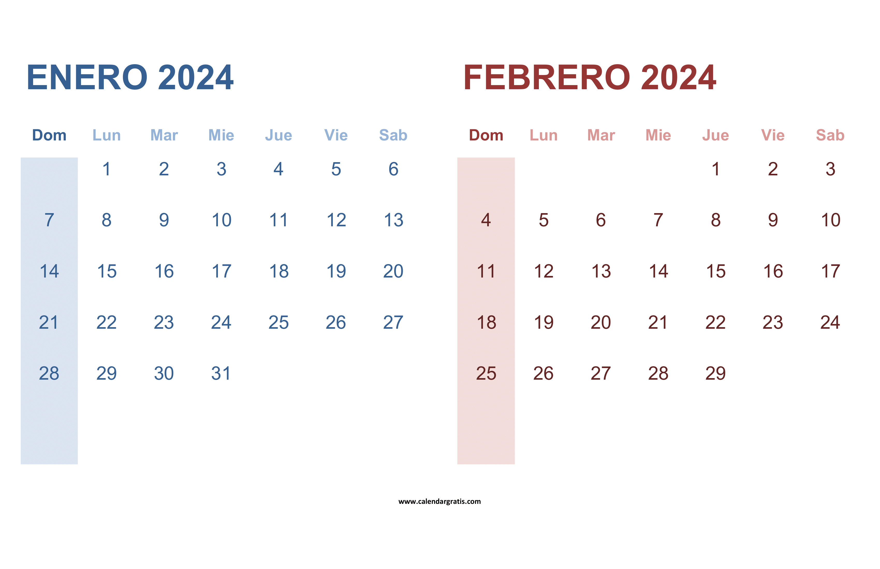 Calendario Enero y Febrero 2024: Descarga e imprime gratis