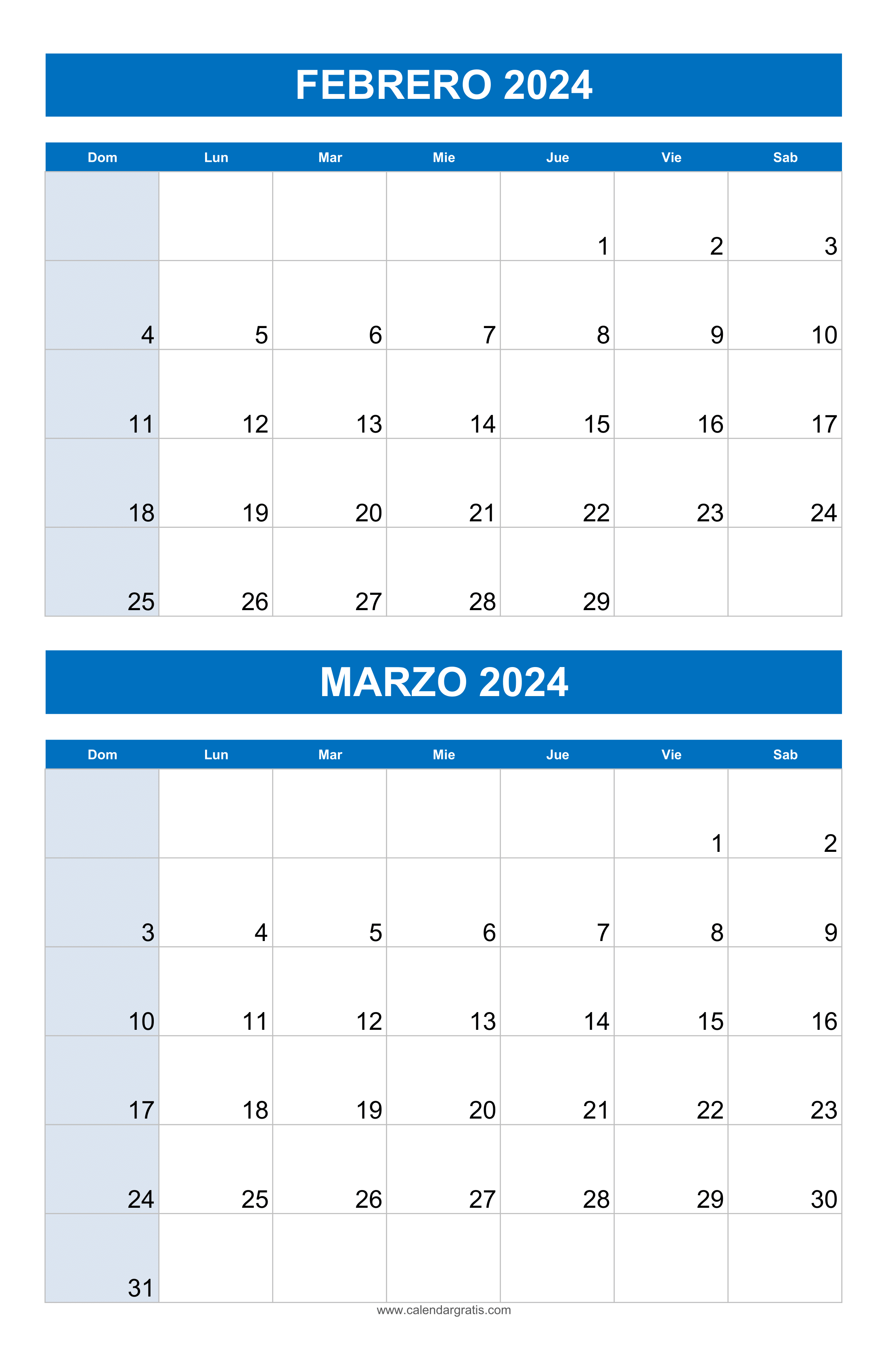 Vista del calendario para Febrero y Marzo 2024