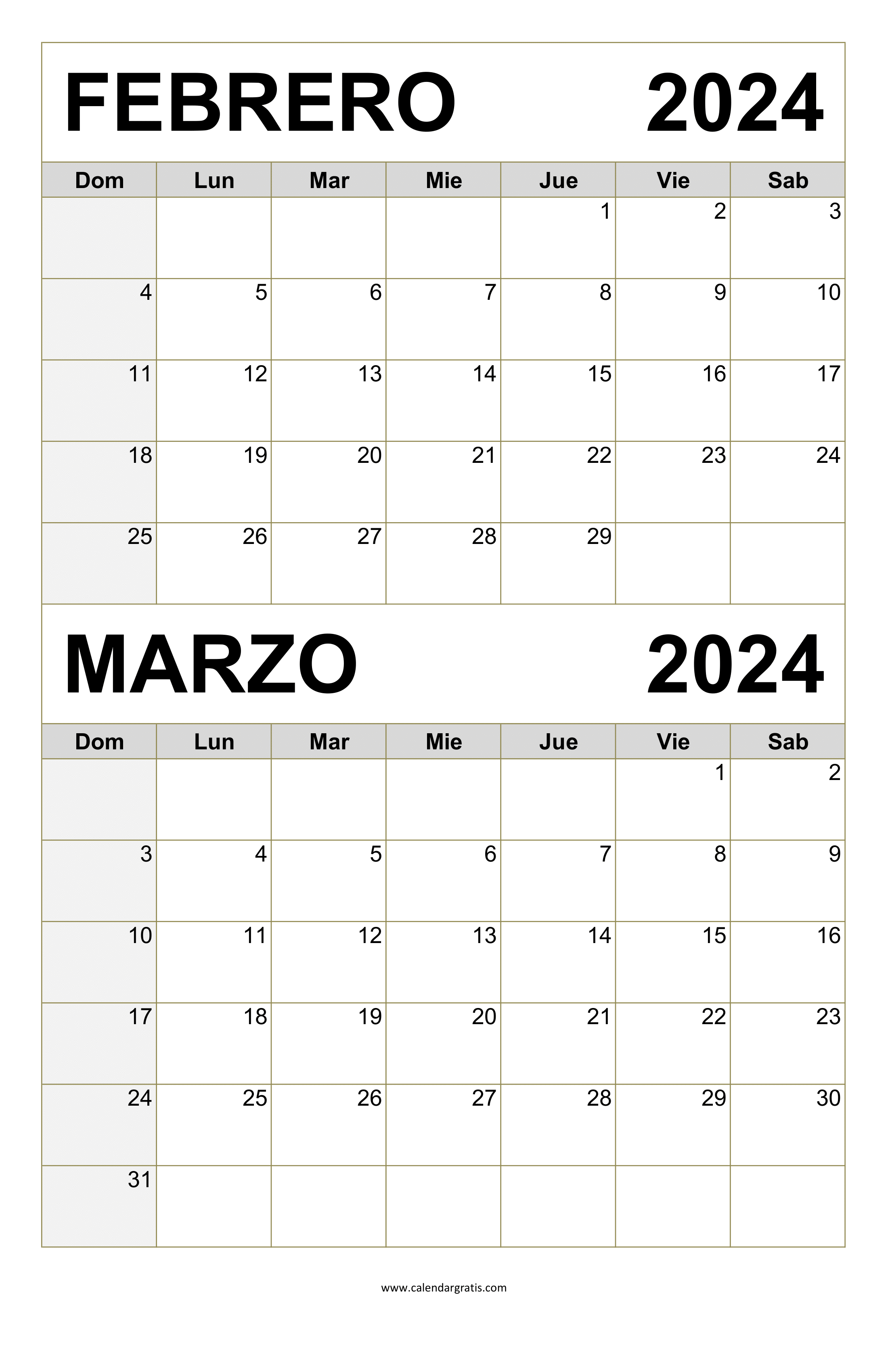 Calendario mensual de Febrero y Marzo 2024