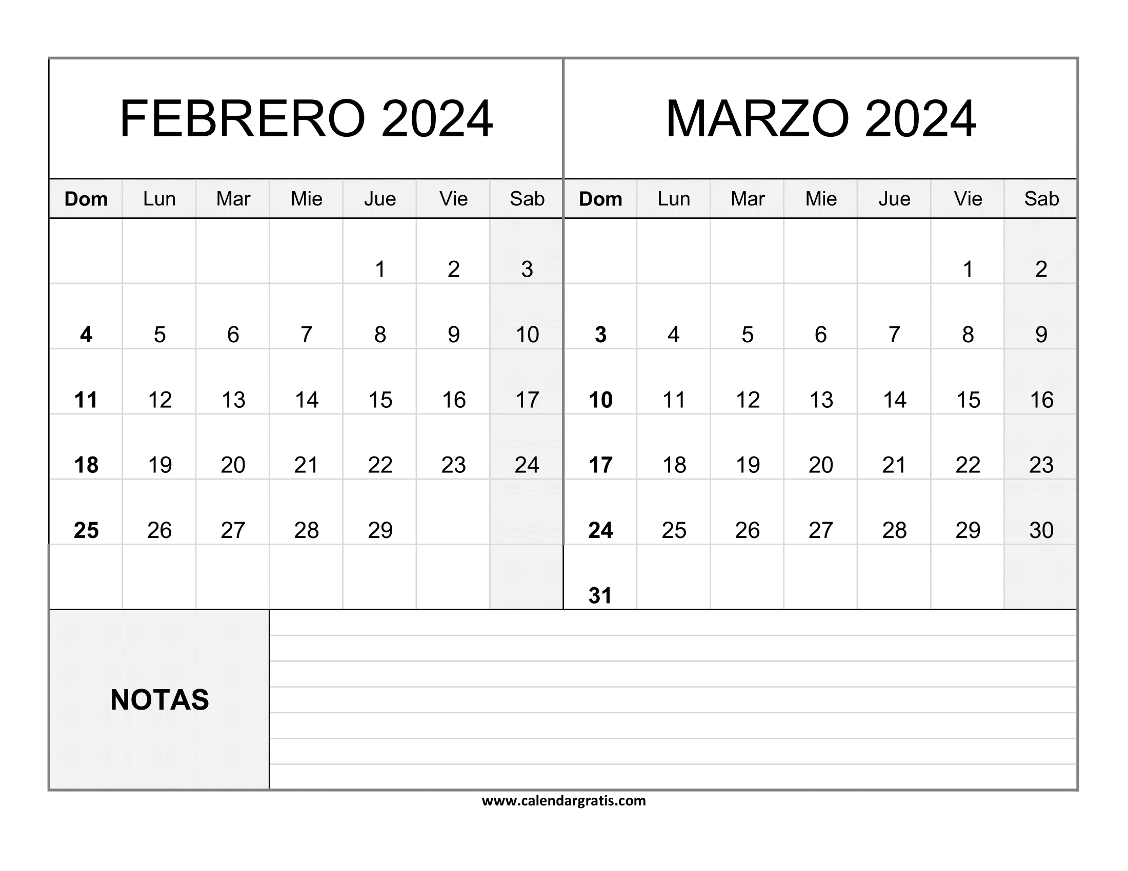 Calendario de los meses Febrero y Marzo del año 2024