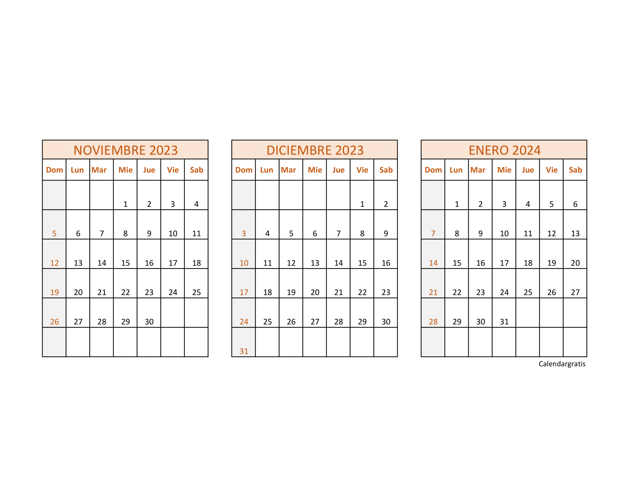 Calendario Noviembre Diciembre 2023 Enero 2024