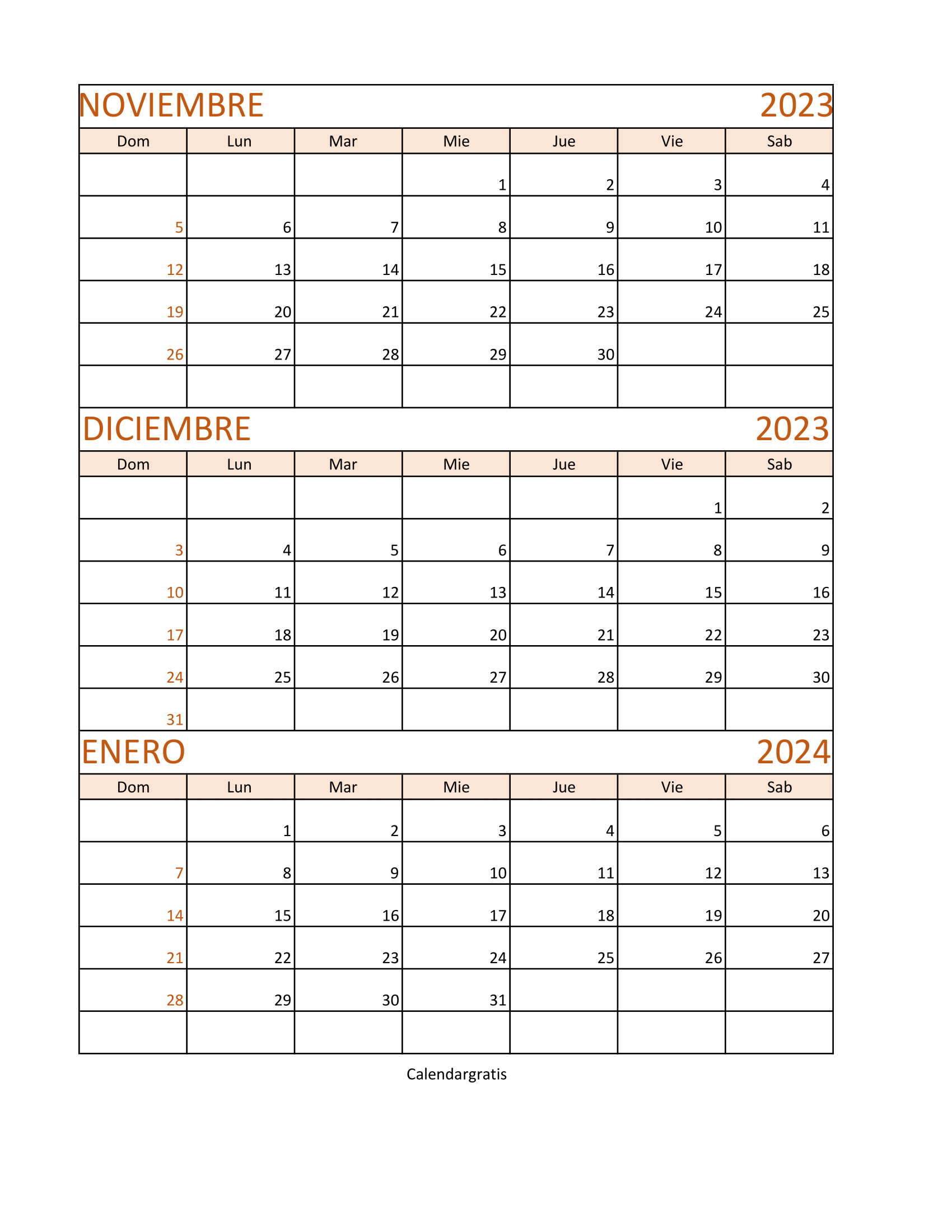 Descraga Calendario Noviembre Diciembre 2023 Enero 2024