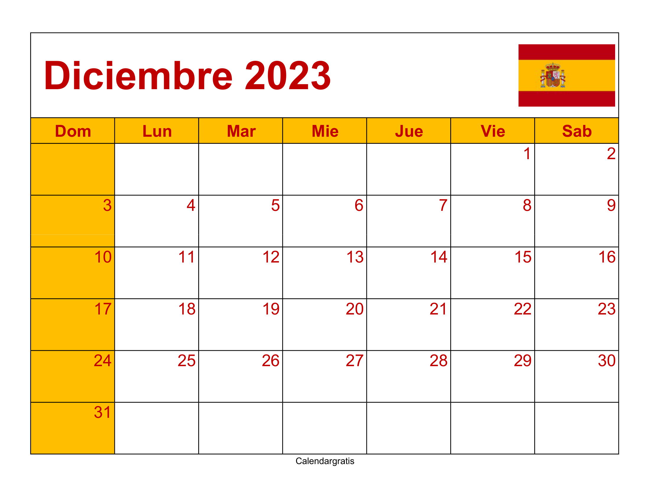 Organízate con el Calendario Diciembre 2023 España