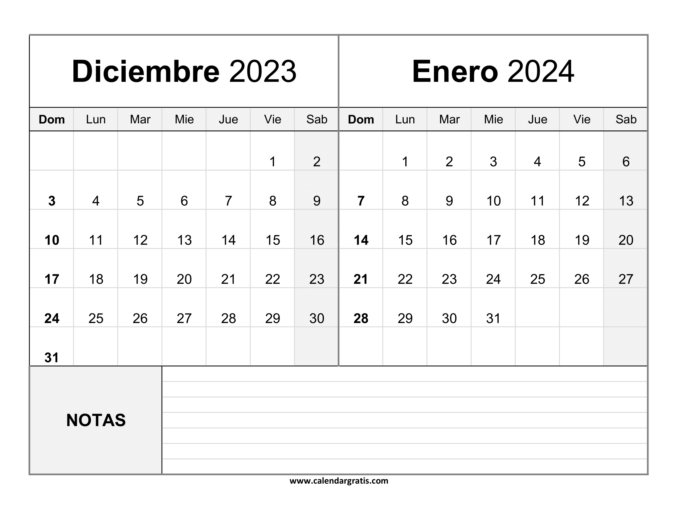 Calendario enero 2023 para imprimir y Calendario enero 2024