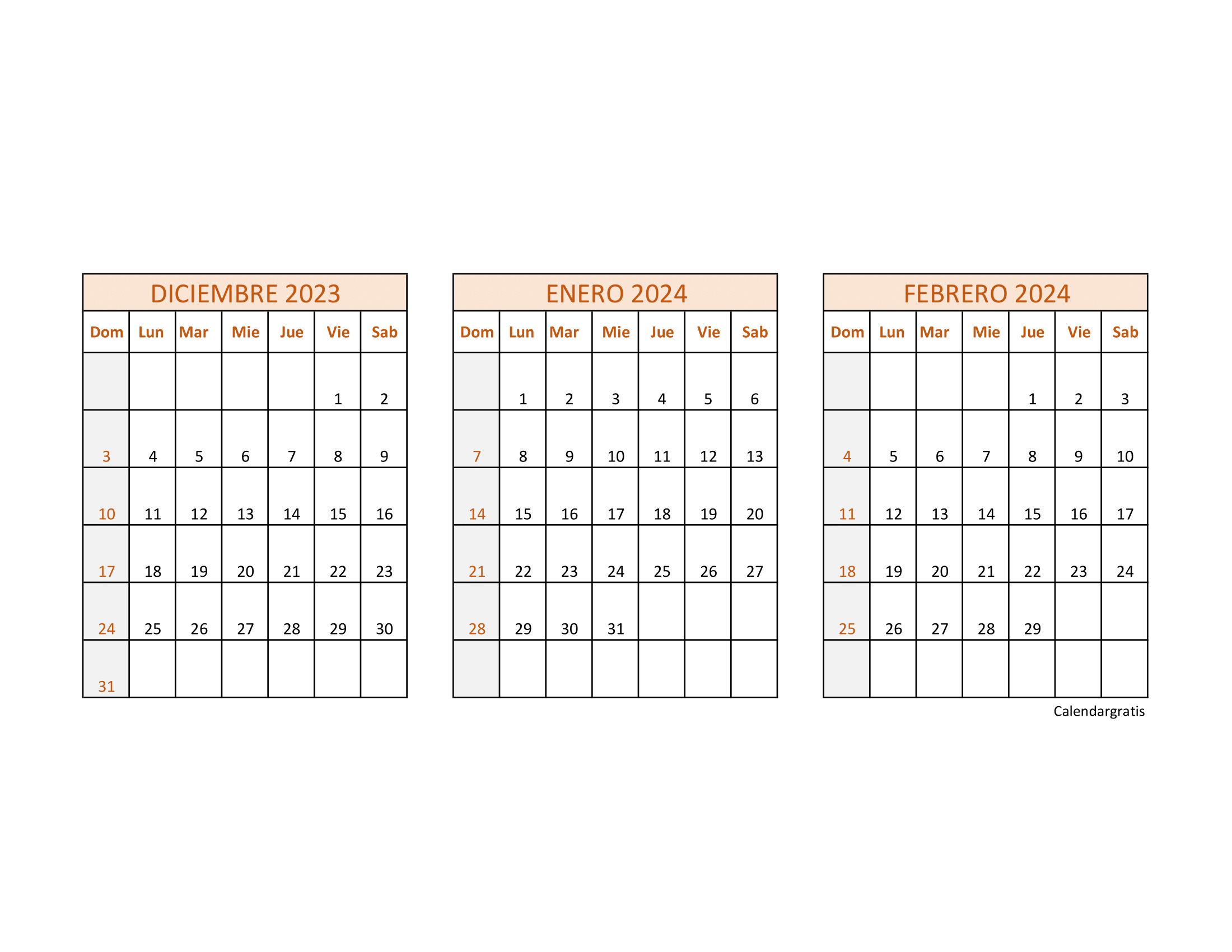 Descarga Calendario diciembre 2023 enero y febrero 2024 para imprimir: