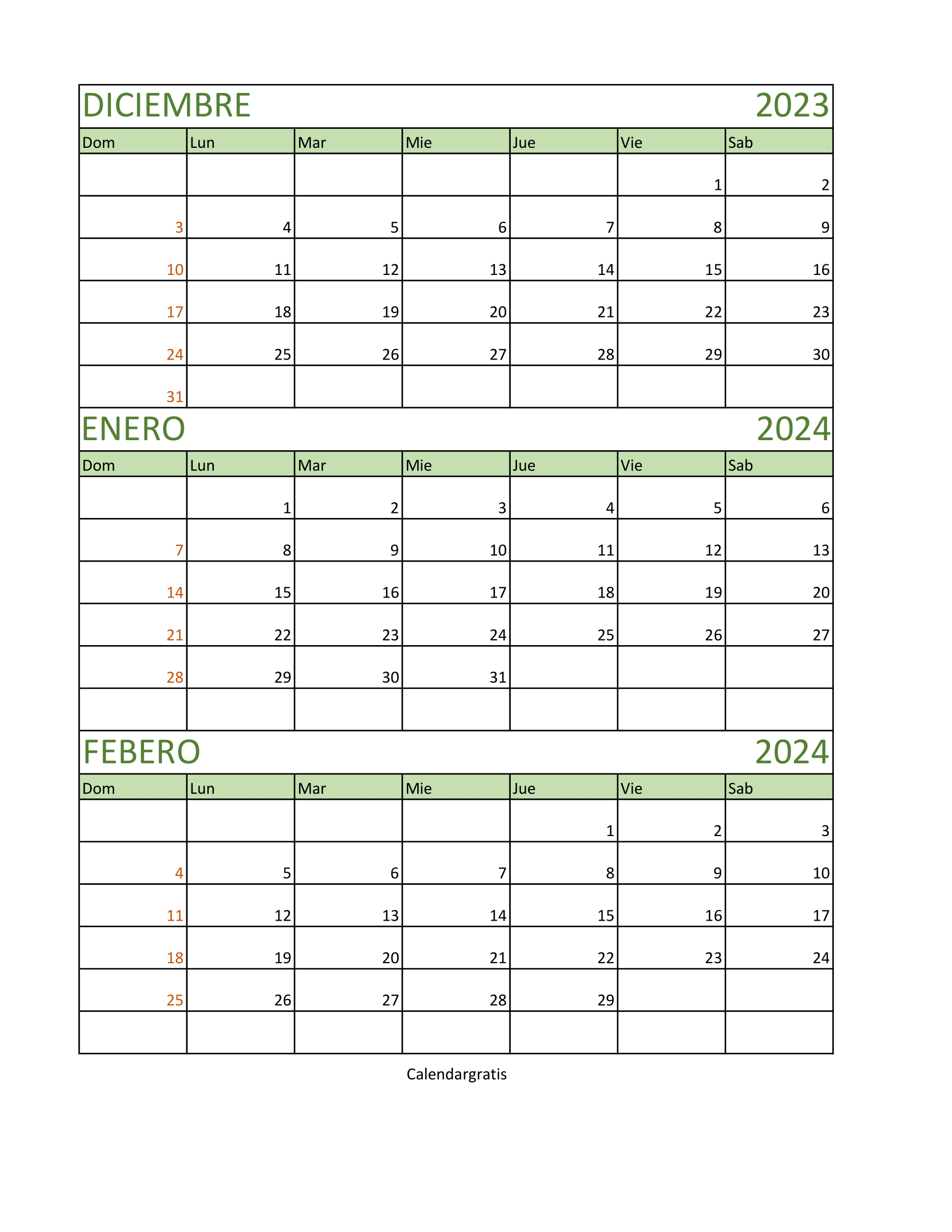 Calendario diciembre 2023 enero y febrero 2024 para imprimir imagen