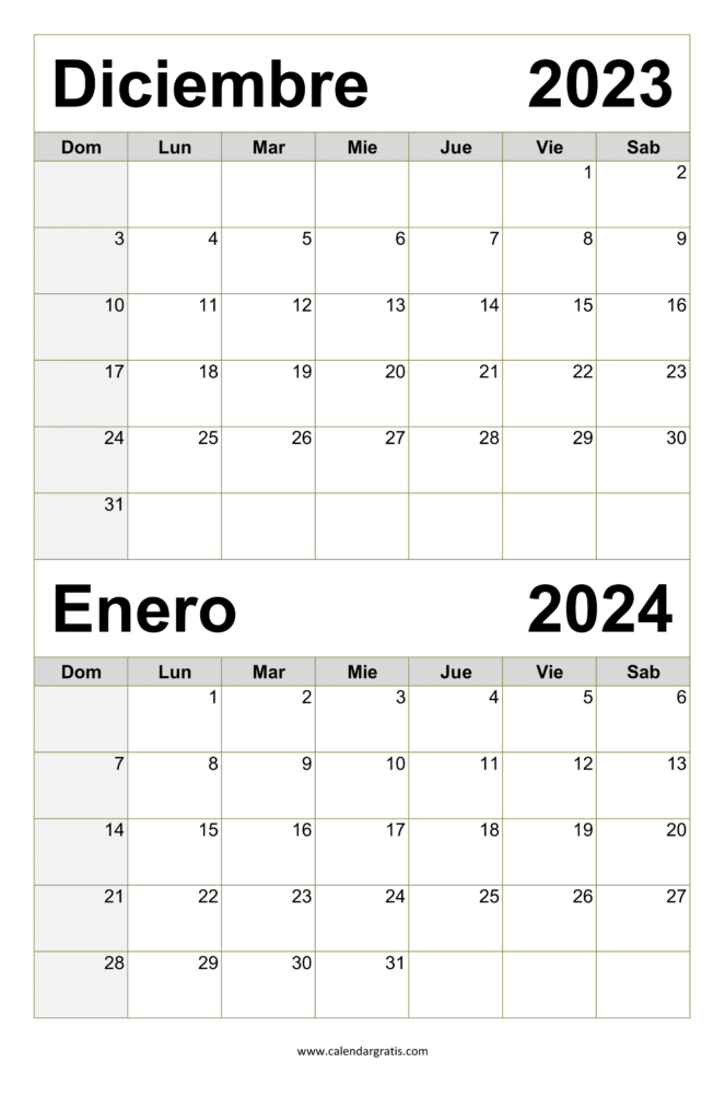 Descarga e imprime gratis el calendario de diciembre 2023 y enero 2024