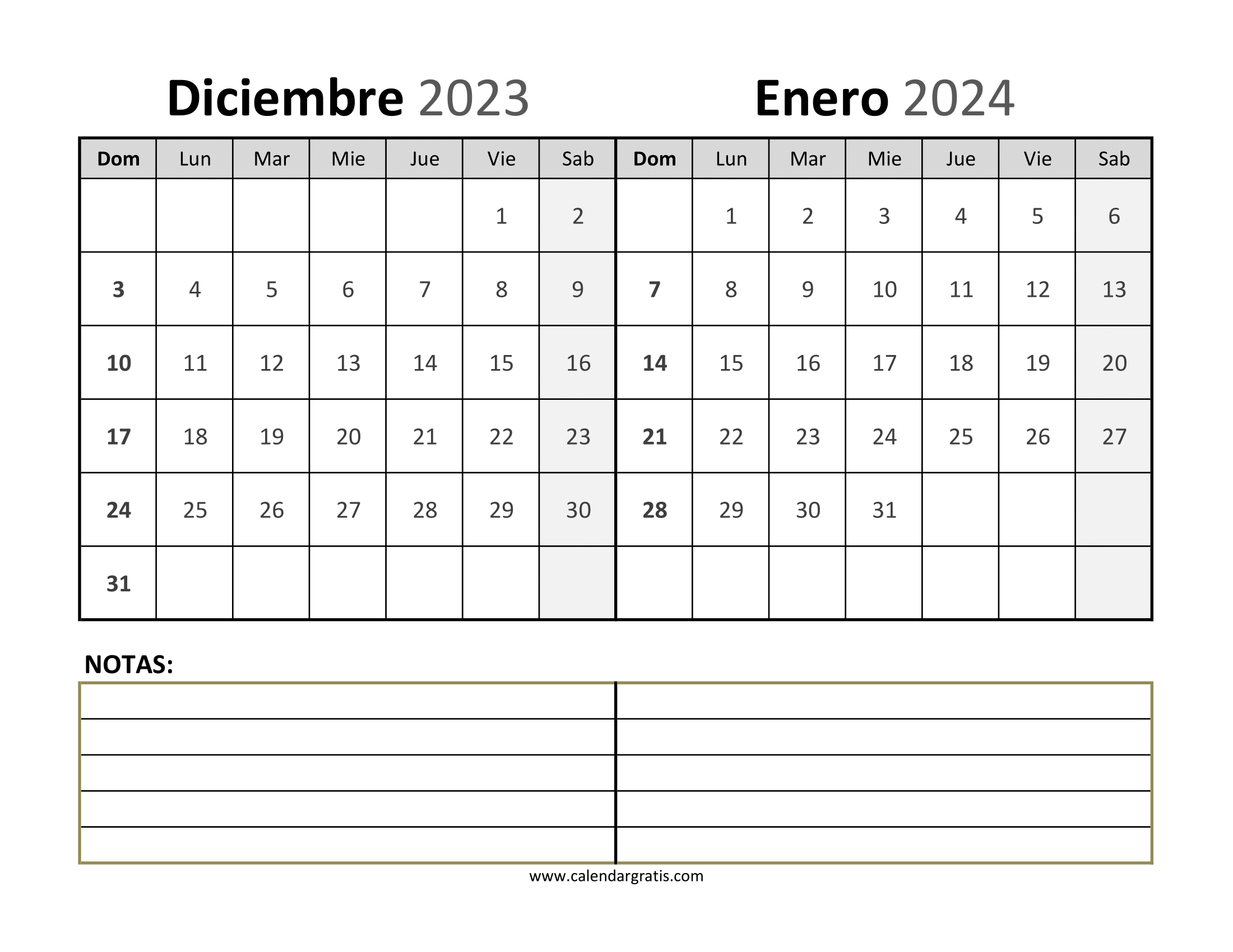 Descarga e imprime gratis el calendario de diciembre 2023 y enero 2024