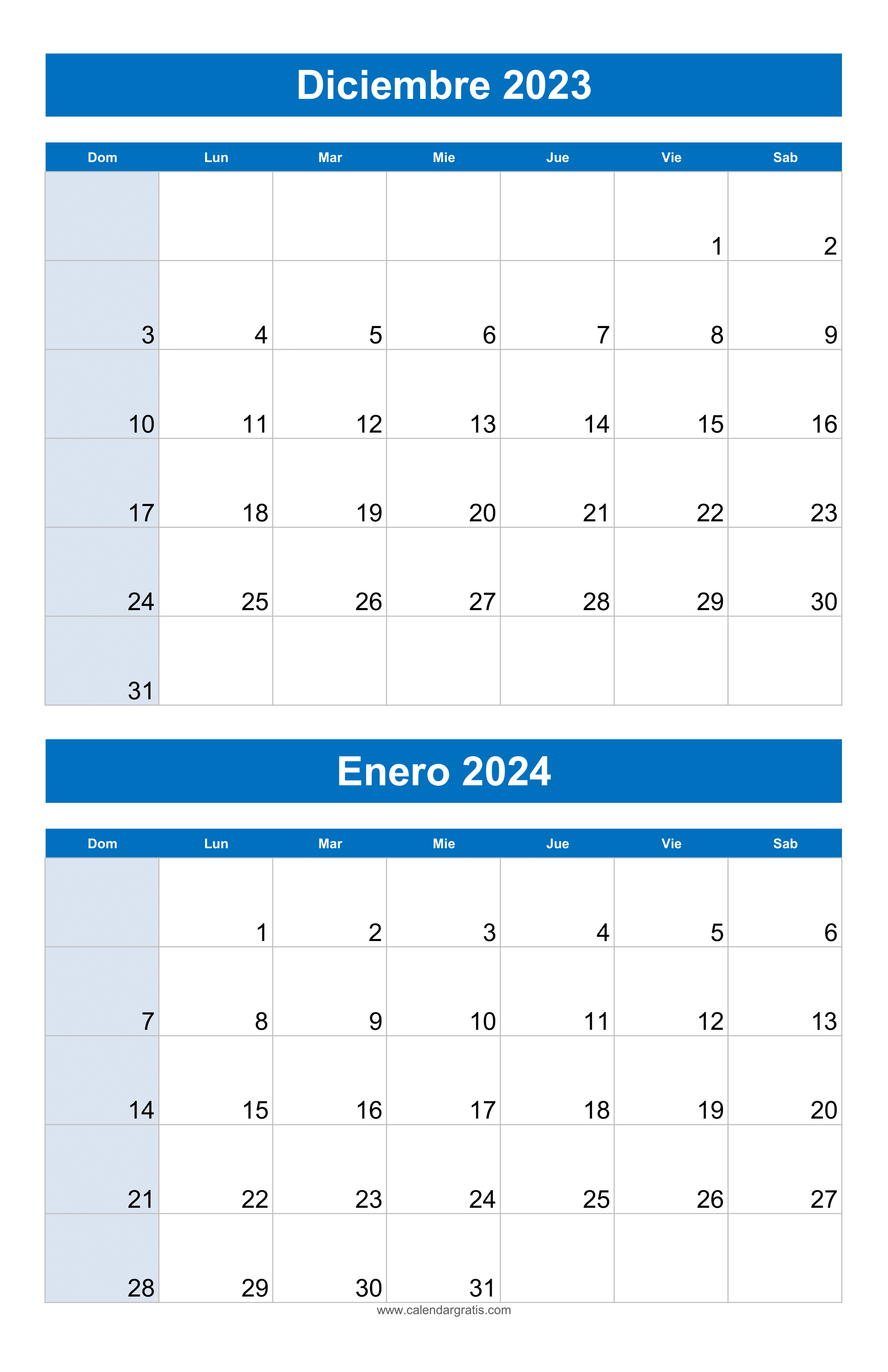 Plantilla gratuita de calendario para diciembre 2023 y enero 2024