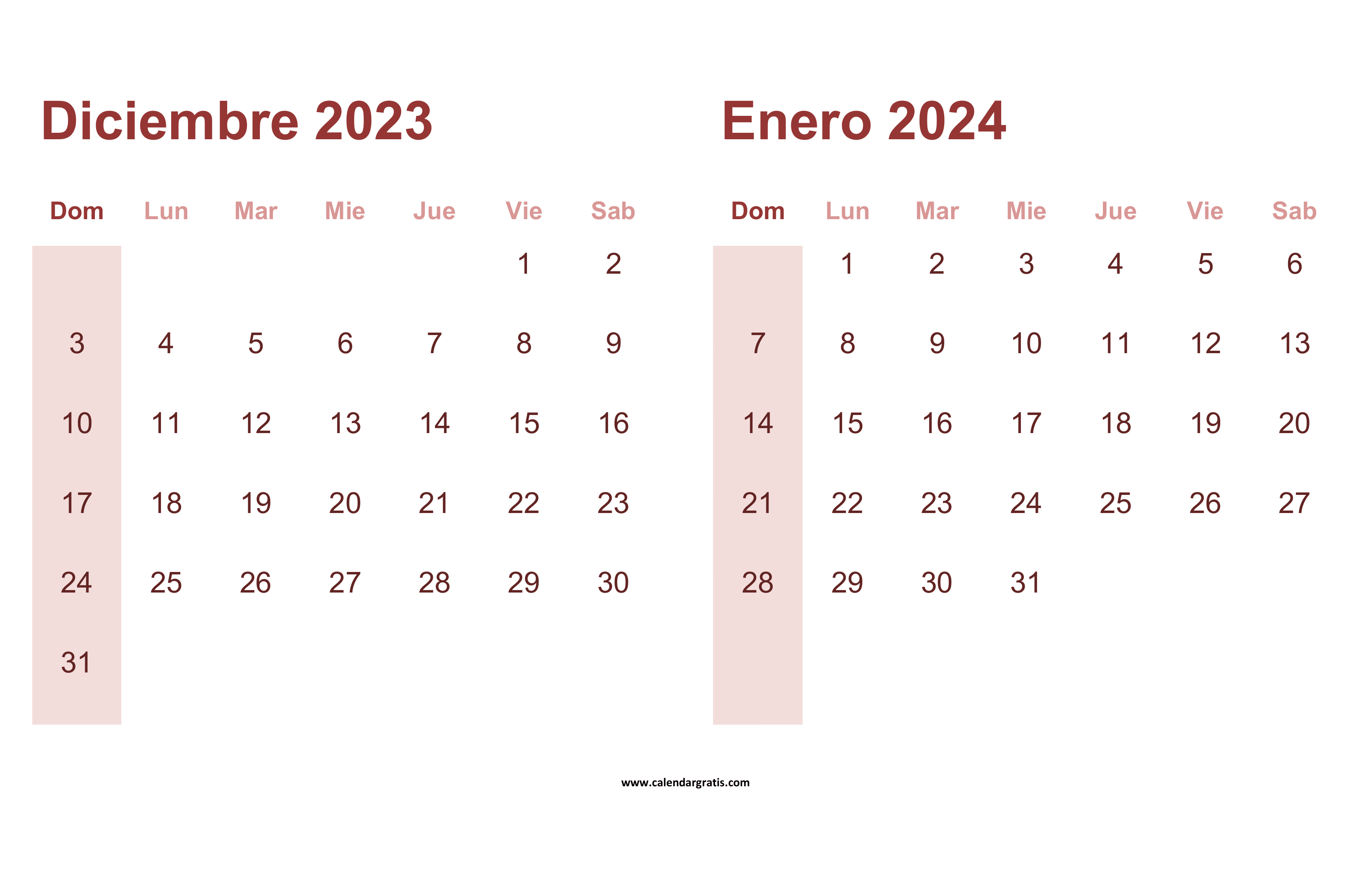 Calendario diciembre 2023 y enero 2024 para imprimir en formato imagen