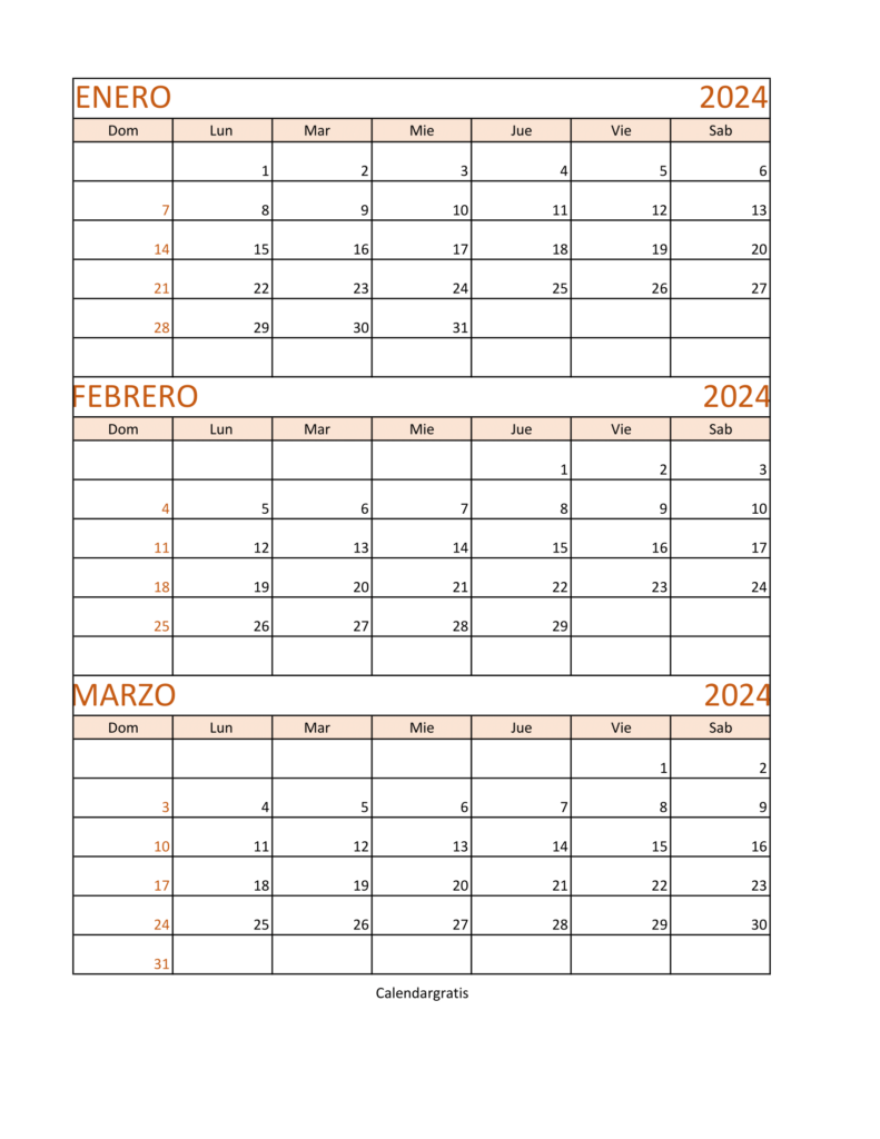 Calendario Enero Febrero y Marzo 2025