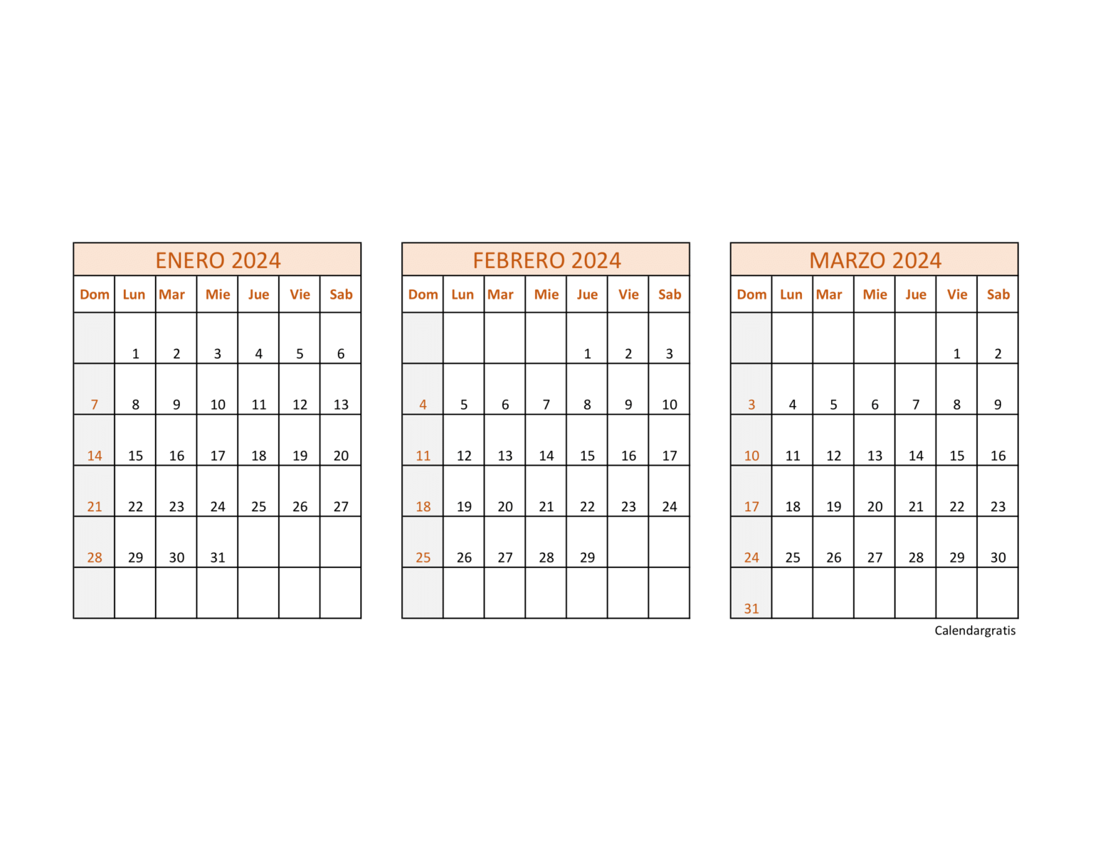 Calendario Enero Febrero y Marzo 2025