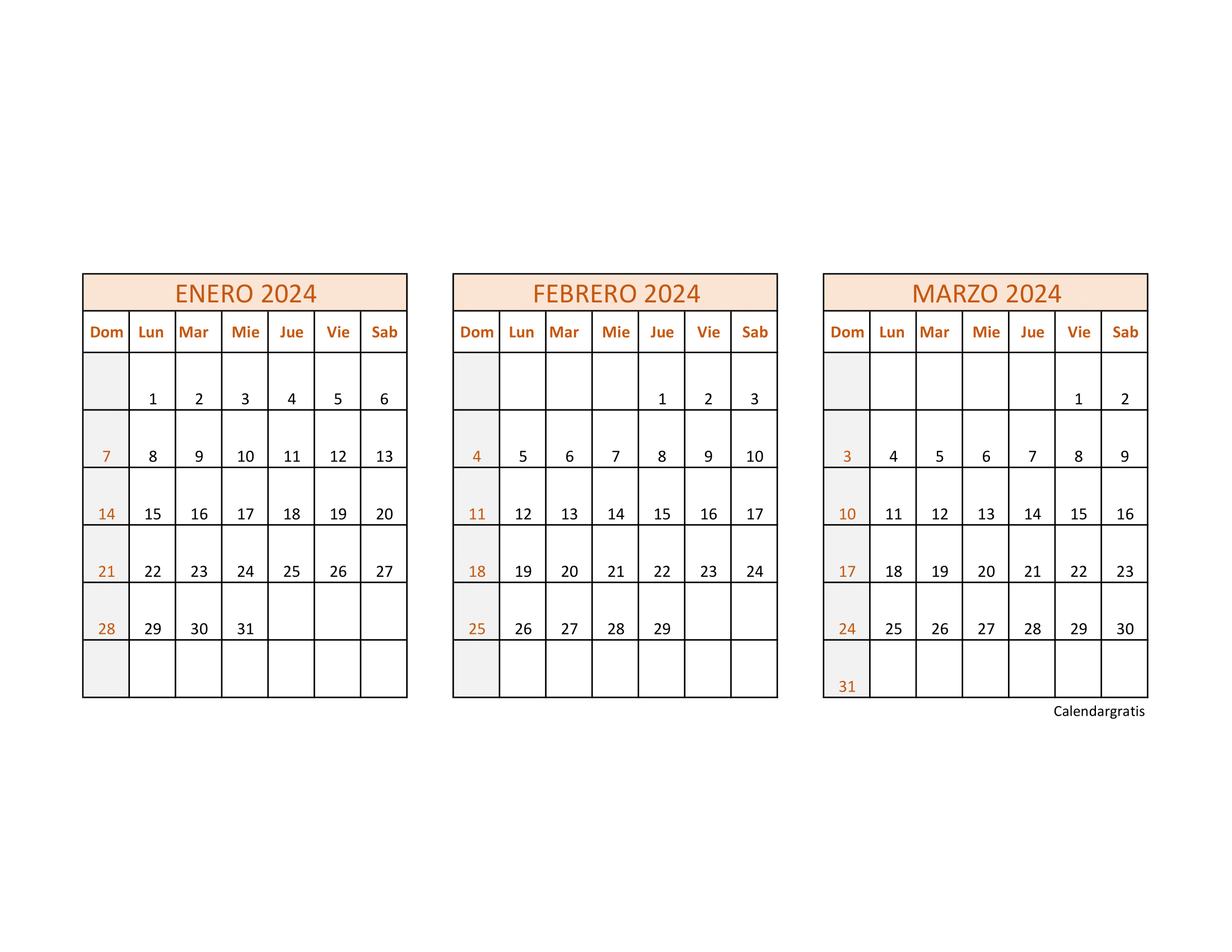 Calendario Enero Febrero y Marzo 2024