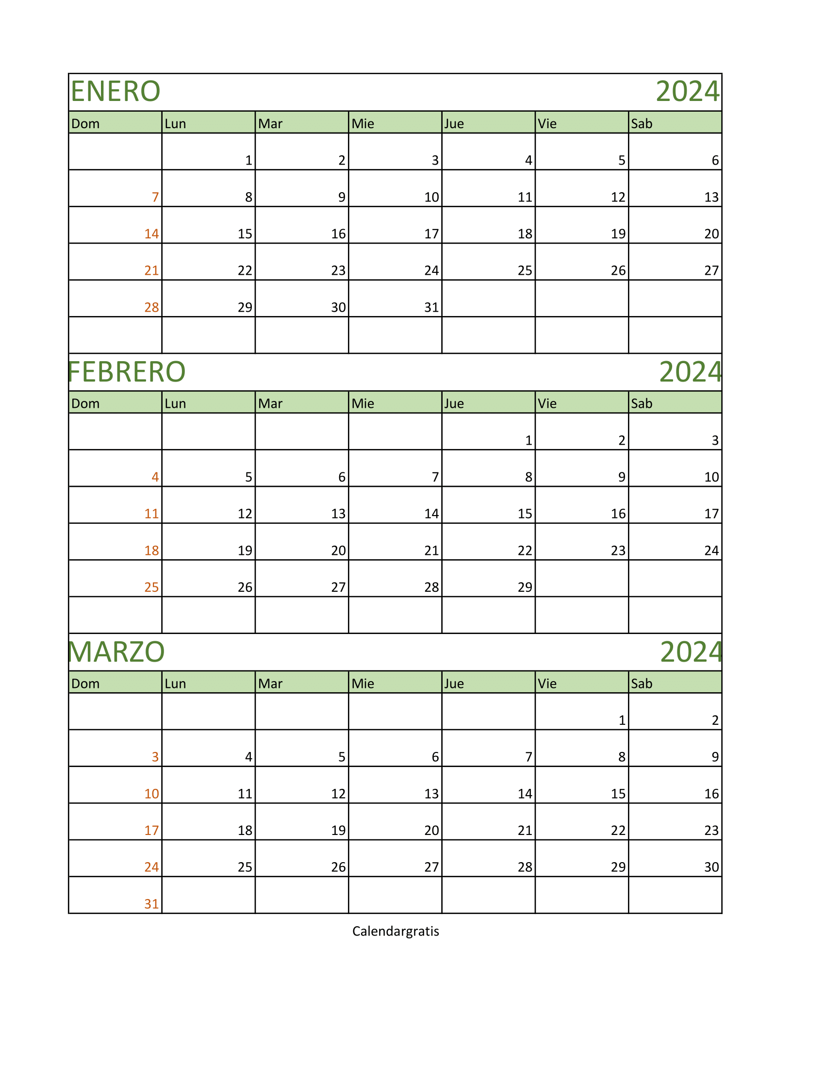 Descarga Calendario Enero Febrero y Marzo 2024