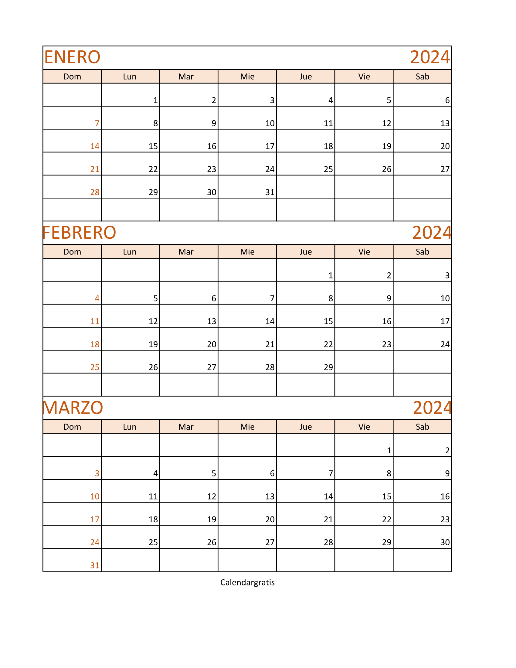 Plantillas de calendario para enero, febrero y marzo 2024 en formatos imagenes