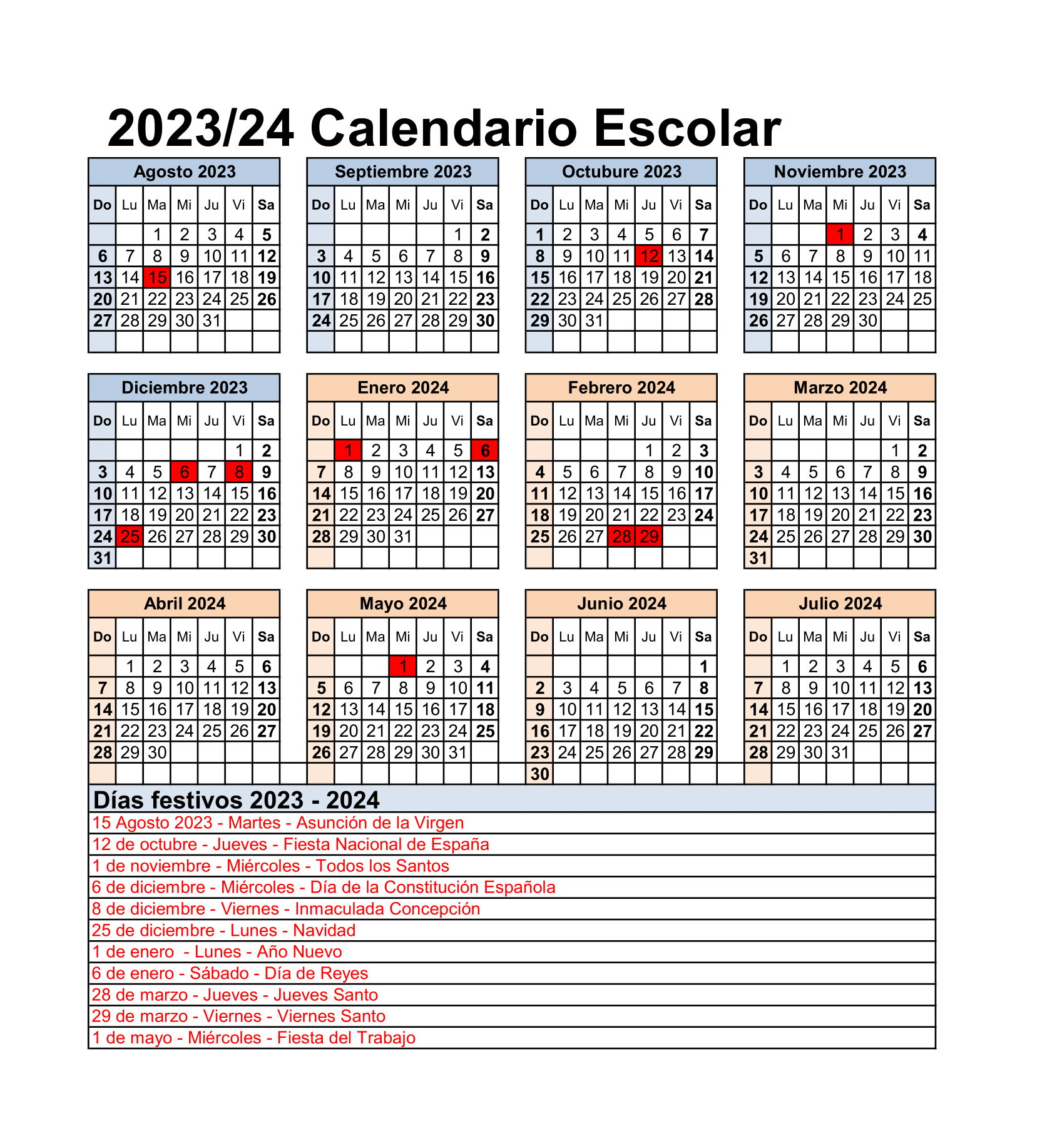 Calendario escolar 2023 y 2024