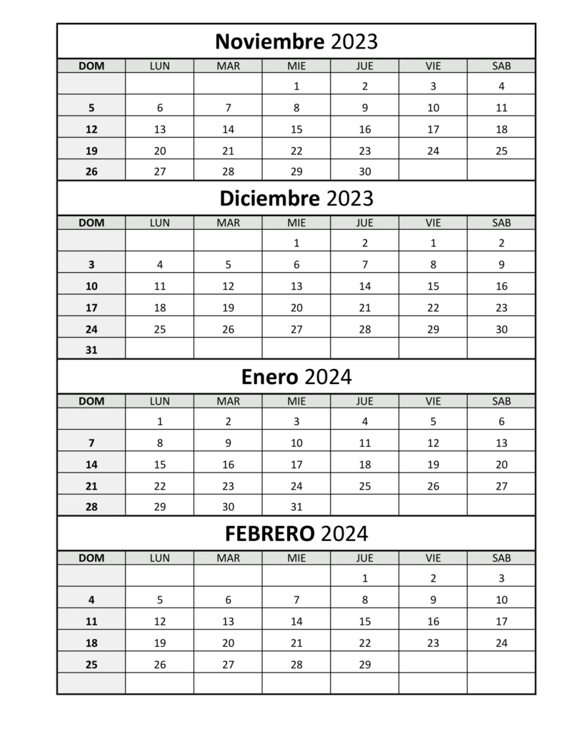 Los meses de noviembre y diciembre de 2023 y enero y febrero de 2024, vienen en una misma hoja