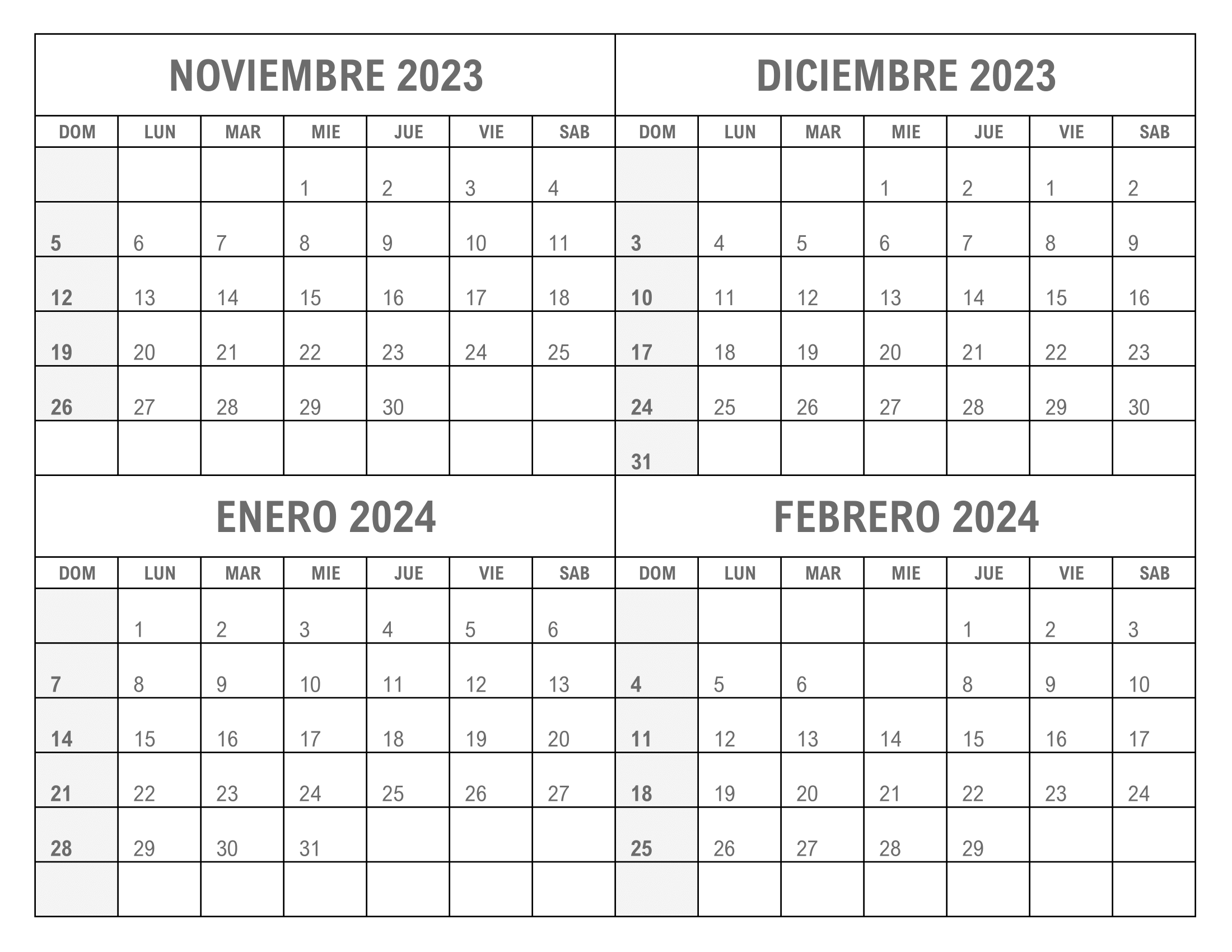 Calendario noviembre diciembre 2023 enero febrero 2024 