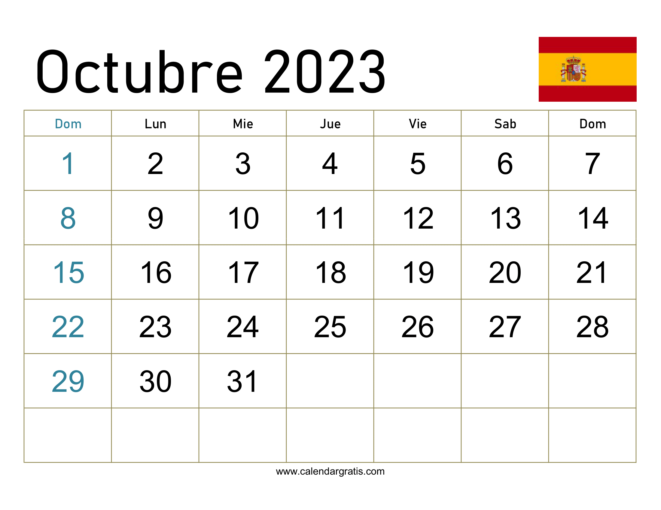 Calendario octubre 2023 españa Descargar