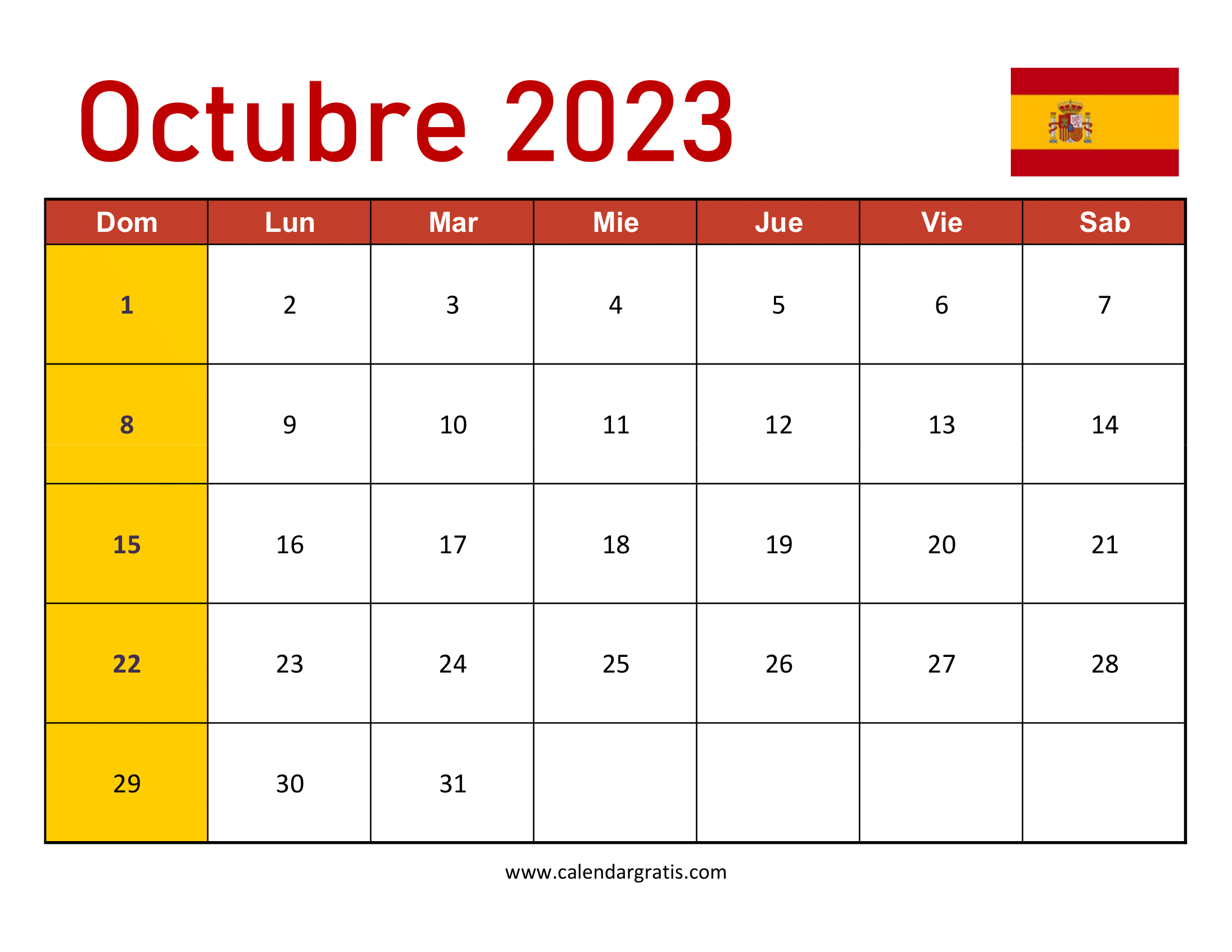 Calendario octubre 2023 españa