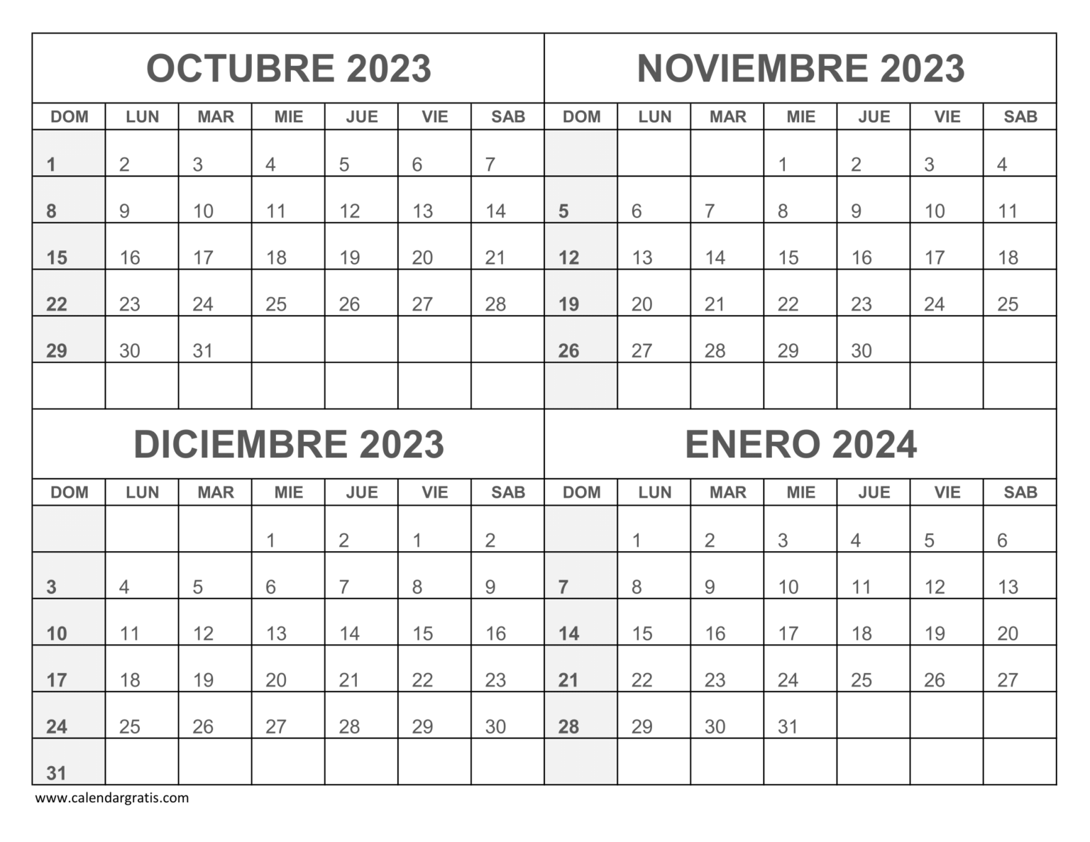 Calendario Octubre Noviembre Diciembre 2023 Enero 2024