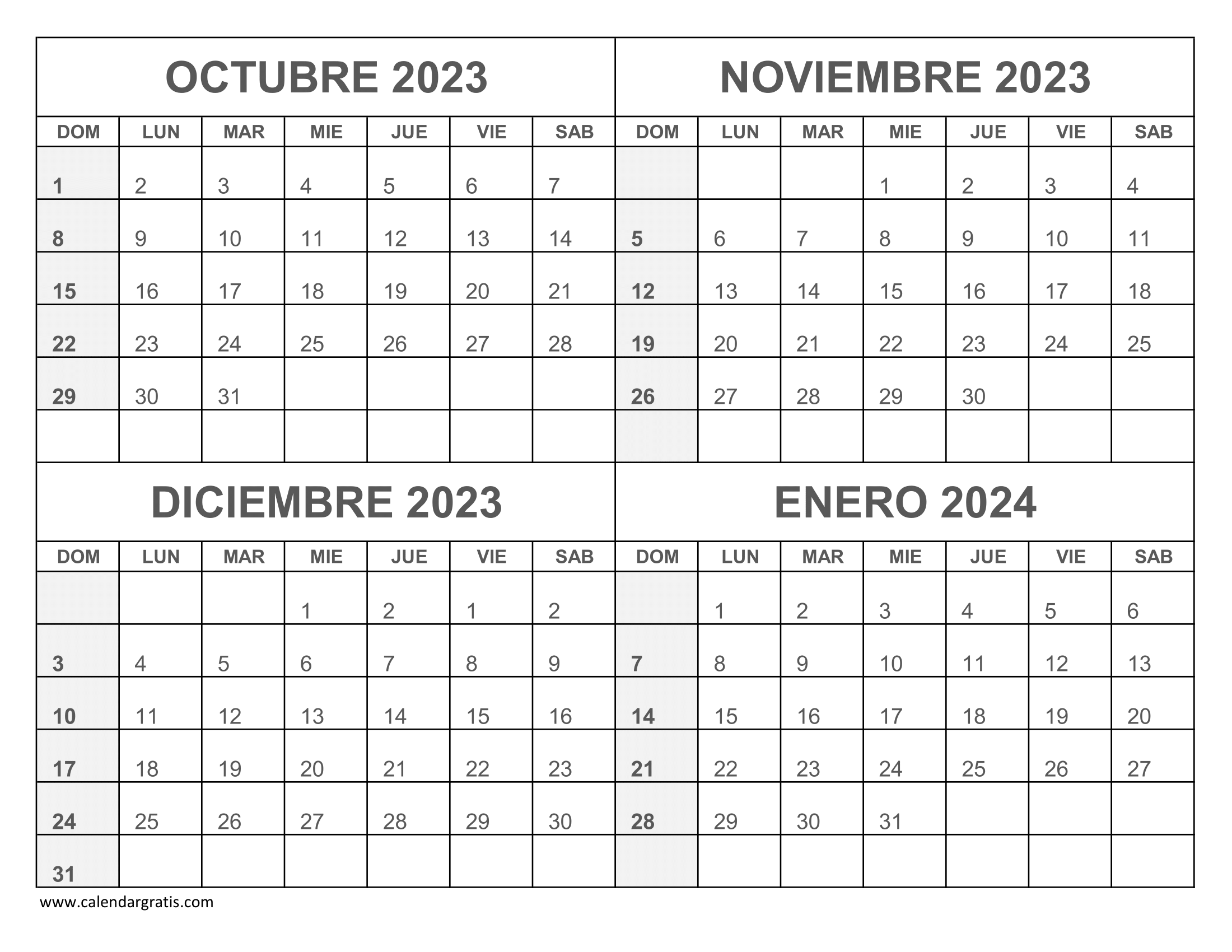 Calendario Octubre Noviembre Diciembre 2023 Enero 2024