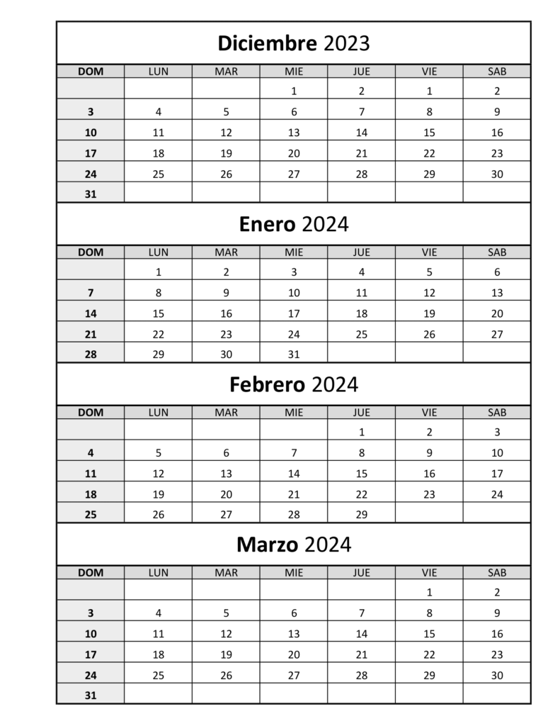 Calendario Diciembre 2023 Enero Febrero y Marzo 2024 para imprimir imagen