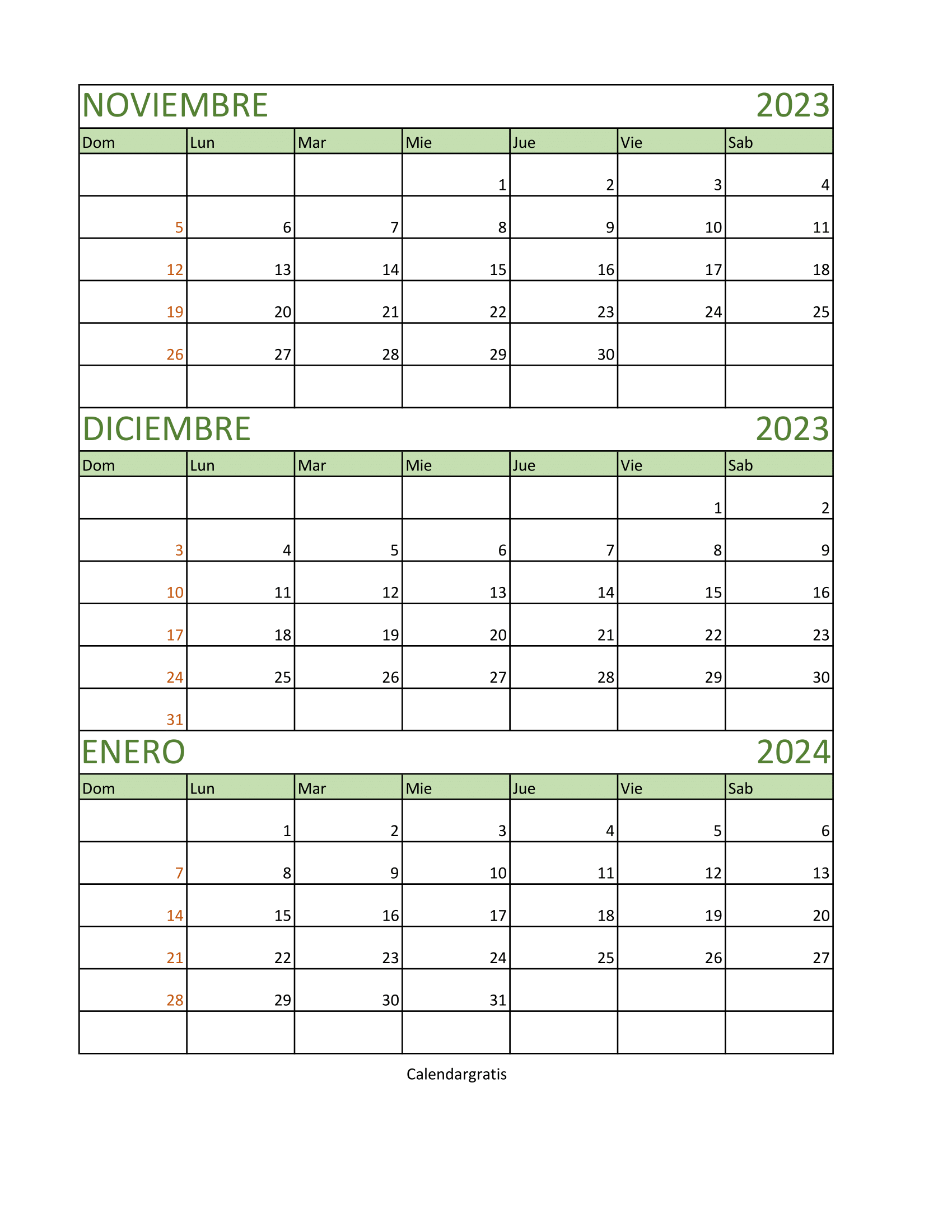 Calendario Noviembre Diciembre 2023 Enero 2024