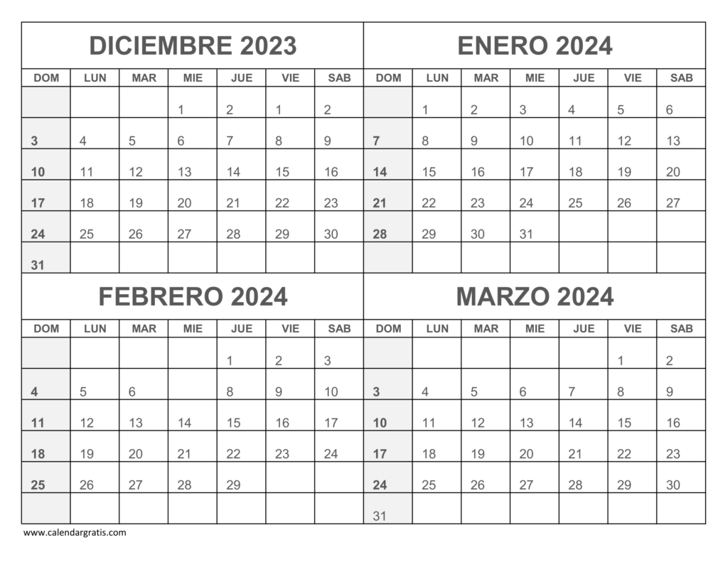 Almanaque Marzo 2024 Calendario Diciembre 2023 Enero Febrero y Marzo 2024 para imprimir
