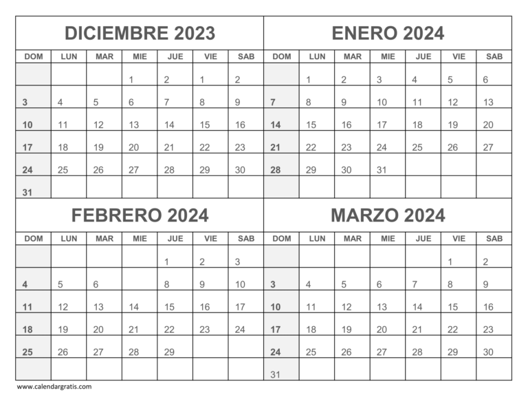Calendario Diciembre 2023 Enero Febrero y Marzo 2024 para imprimir